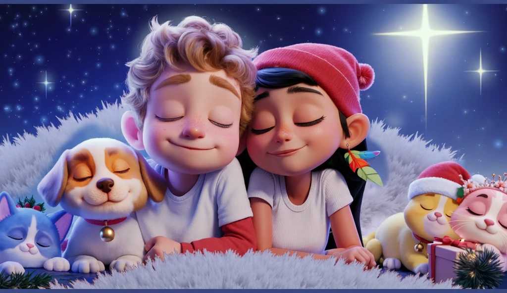 Create a cozy nighttime scene featuring two ren and their adorable baby pets (three kittens and one Lhasa Apso puppy) snuggled together under a warm, festive blanket. The scene is illuminated by a bright, glowing star in the sky, surrounded by a starry night with soft gradients of deep blue and purple. Add Christmas details like fairy lights draped around the bed in golden tones, a soft, glowing Christmas tree in the background, and holiday accessories for each character. The girl is a beautiful indigenous Brazilian with fair tan skin, long, silky, and shiny black hair, and she wears a colorful feather earring in one ear. Her outfit includes a cozy red sweater with white snowflake patterns. The boy has sun-kissed bronze skin, light chestnut brown hair with soft curls, and wears a green holiday-themed pajama with small pine tree designs. Both ren are smiling peacefully, exuding warmth and innocence. The animals are all adorable baby pets: the Lhasa Apso puppy is white with caramel patches around its eyes and on its paws, wearing a small red bow with a bell. One kitten is blue-gray with subtle white accents and a tiny red Santa hat. Another is yellow with bright white paws, wearing a small scarf in festive green. The third kitten is white with pinkish ears and a floral crown in Christmas colors. The color palette features soft, warm hues such as golden yellows, rich reds, and festive greens, complemented by the deep blues and purples of the night sky. The style is inspired by Disney-Pixar movies, showcasing high-quality, vibrant, and intricate details. The lighting is magical, with the star casting a subtle glow that enhances the warmth and coziness of the moment. Ensure the resolution is high and suitable for a cinematic-quality holiday poster or detailed artwork.