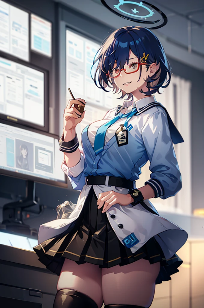 a cute solo femboy ,sexy femboy ,trap,cosplay ,chihiro(blue archive) ,hairpin ,glasses,crossdressing a japan sailor school uniform , short skirt ,black stocking ,wearing a sneaker ,face red and embarrassed,shy,smile ,standing in a city at afternoon time, closeup-body .