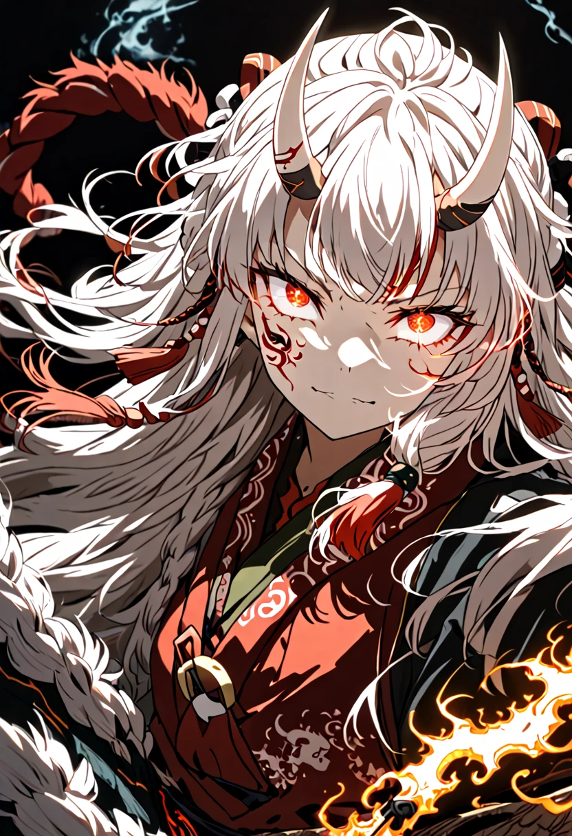 8K Ultra High-Quality, ultra-detailed, High quality, Nakiri ayame, white oni horns, glowing hair, burning hair, glowing eyes, close up, full body, glowing face tattoo, dark background