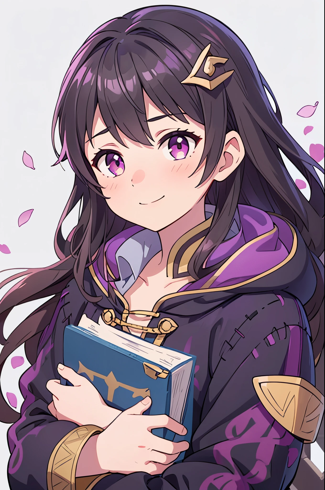 (high-quality, breathtaking),(expressive eyes, perfect face) 1girl, female, solo, portrait, Fire Emblem Awakening, Symmetrical Eyes, open field background, Robin (Fire Emblem: Awakening), dark Brown hair color, long hair length, messy wavy hair, hair ornament, upper body, pink eyes, Black and purple robe, gold trim, hood, white shirt, brown belt, positive expression, cute smile, detailed eyes, adorable face, short height, Cult of Grima, Fell Dragon Grima, Arms down, female robin (fire emblem), dark brown hair, flower petals, braided bang, ribbon in hair, grey background, gradient background, small, holding a book
