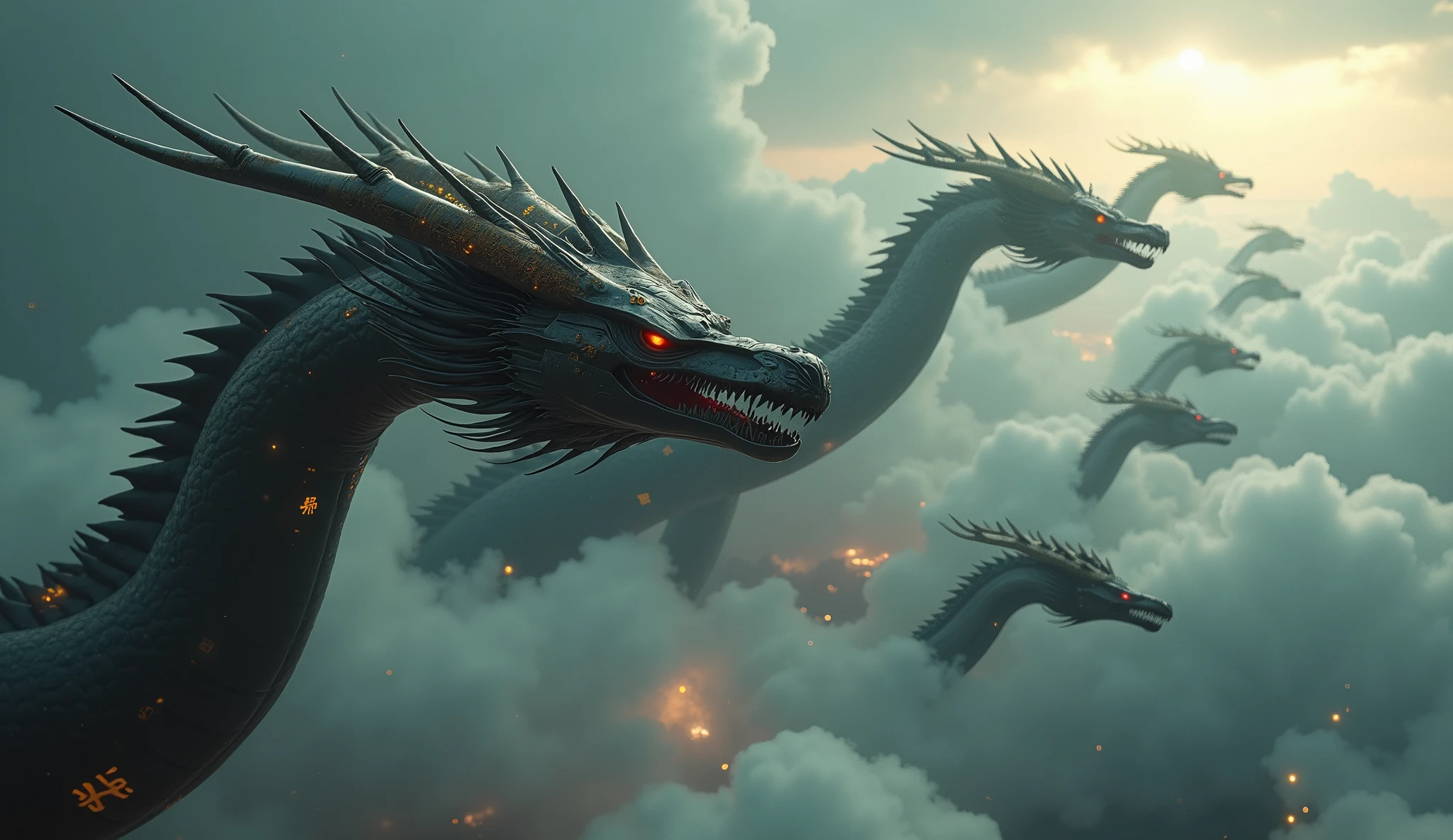Wide view, high angle looking down shot, futuristic, Fantasy, cinematic scene. Dramatic storming sky background. 9 of Chinese Dragon, The Asian black Dragon without wings. the body is long, austere dark and metallic, the antler is metal, the eyes is Ruby and shining. wandering through sky, Golden runes and cybernectic line decorate, Grimmdark, mechanical. (Ultra-realistic, 32k, Masterpiece, High Quality, Detailed Realistic Background, Official Art, Realistic Lighting, filmfotos, film grain, reversal film photography).