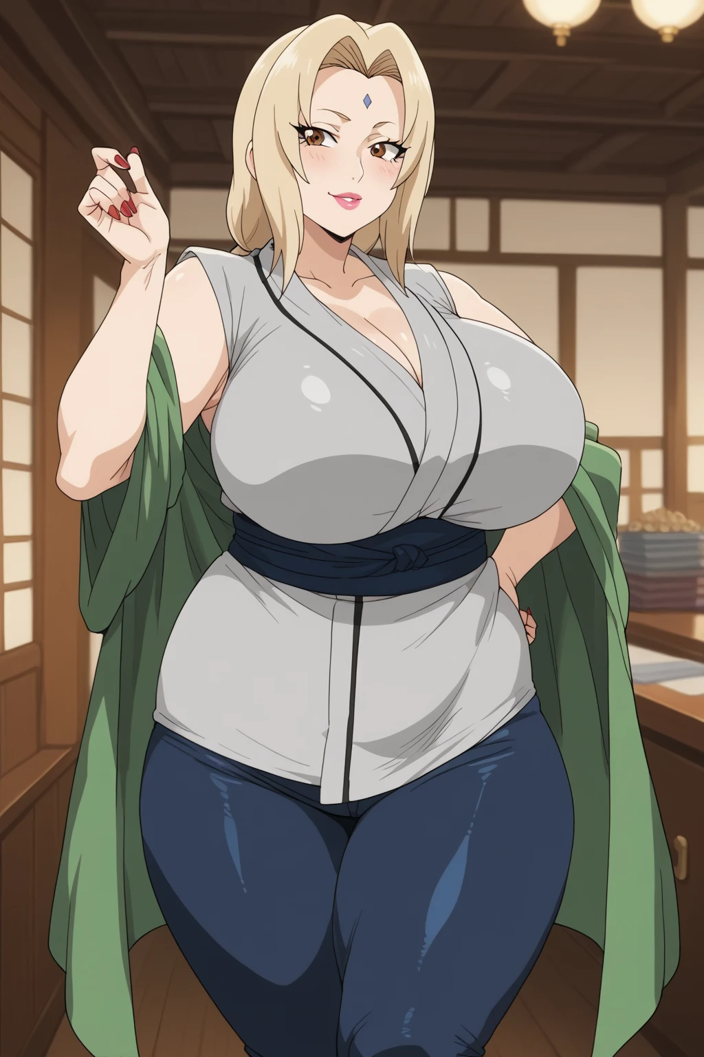   score_9,   score_8_up,   score_7_up,   score_6_up,   score_5_up,   score_4_up,     Masterpiece   ,   top quality,   line up in front of the ,   absurd, Tsunade, Tsunade,  source_Anime, Anime screencap,    one woman , Alone,  personal  ,  Brown Eyes ,   blonde hair,   long hair, Super huge breasts, (((Super huge クレビス, Super huge , Super huge boob))), Curvy,   Wide Hips  ,   embarrassing expression, indoor, Fat body,   chubby, obesity , chubby , weight gain ,  embarrassing,   Untidy Stomach ,  Protruding Stomach  , Putty Clothes ,   mature mature ,   embarrassing , Fat face, double chin ,   Annoying Expression ,  fat woman , huge arms and legs,  Big Breasts とお尻 , huge saggy tits ,  chubby,  pink lipstick,  mature woman ,  Big Breasts , Red nails, Costume_2,  grey kimono,  sleeveless kimono , clavicle, Navy blue belt, Navy blue tights, chubby, ssbbw,   