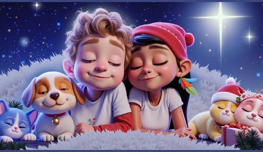 Create a cozy nighttime scene featuring two ren and their adorable  pets (three kittens and one Lhasa Apso puppy) snuggled together under a warm, festive blanket. The scene is illuminated by a bright, glowing star in the sky, surrounded by a starry night with soft gradients of deep blue and purple. Add Christmas details like fairy lights draped around the bed in golden tones, a soft, glowing Christmas tree in the background, and holiday accessories for each character. The girl is a beautiful indigenous Brazilian with fair tan skin, long, silky, and shiny black hair, and she wears a colorful feather earring in one ear. Her outfit includes a cozy red sweater with white snowflake patterns. The boy has sun-kissed bronze skin, light chestnut brown hair with soft curls, and wears a green holiday-themed pajama with small pine tree designs. Both ren are smiling peacefully, exuding warmth and innocence. The animals are all adorable babys: the Lhasa Apso puppy is white with caramel patches around its eyes and on its paws, wearing a small red bow with a bell. One kitten is blue-gray with subtle white accents and a tiny red Santa hat. Another is yellow with bright white paws, wearing a small scarf in festive green. The third kitten is white with pinkish ears and a floral crown in Christmas colors. The color palette features soft, warm hues such as golden yellows, rich reds, and festive greens, complemented by the deep blues and purples of the night sky. The style is inspired by Disney-Pixar movies, showcasing high-quality, vibrant, and intricate details. The lighting is magical, with the star casting a subtle glow that enhances the warmth and coziness of the moment. Ensure the resolution is high and suitable for a cinematic-quality holiday poster or detailed artwork.