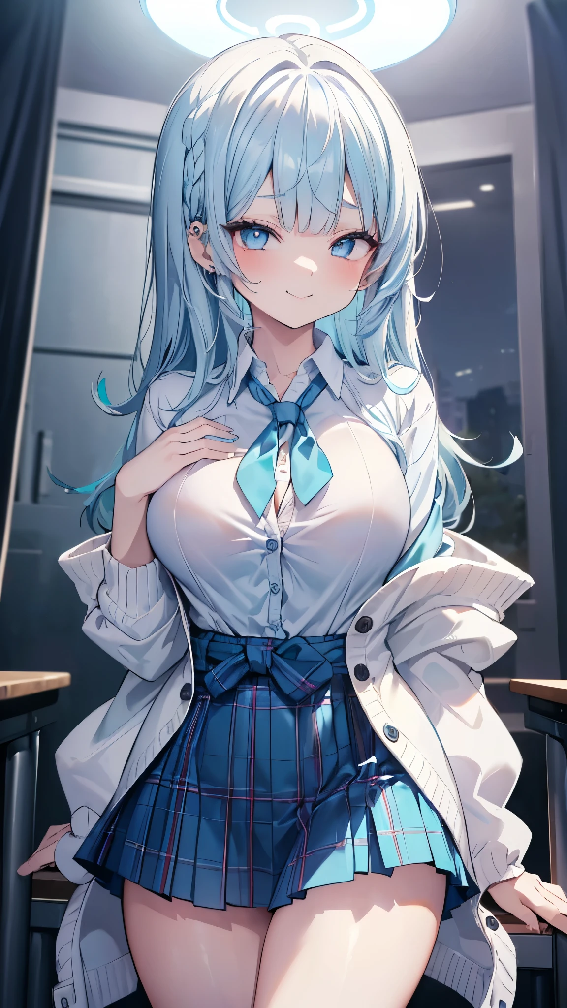 masterpiece、best qualtiy、A detailed、Female 1 Person、blue eyess、a blond、Sheer blouse、Unbuttoned blouse、Pleated skirt、Blue hairpin、Colossal tits、Colossal tits、Classroom、Peace sign by hand、Sit at the desk with your legs open、Bend your knees and open your legs、white panties、high socks、Show panties