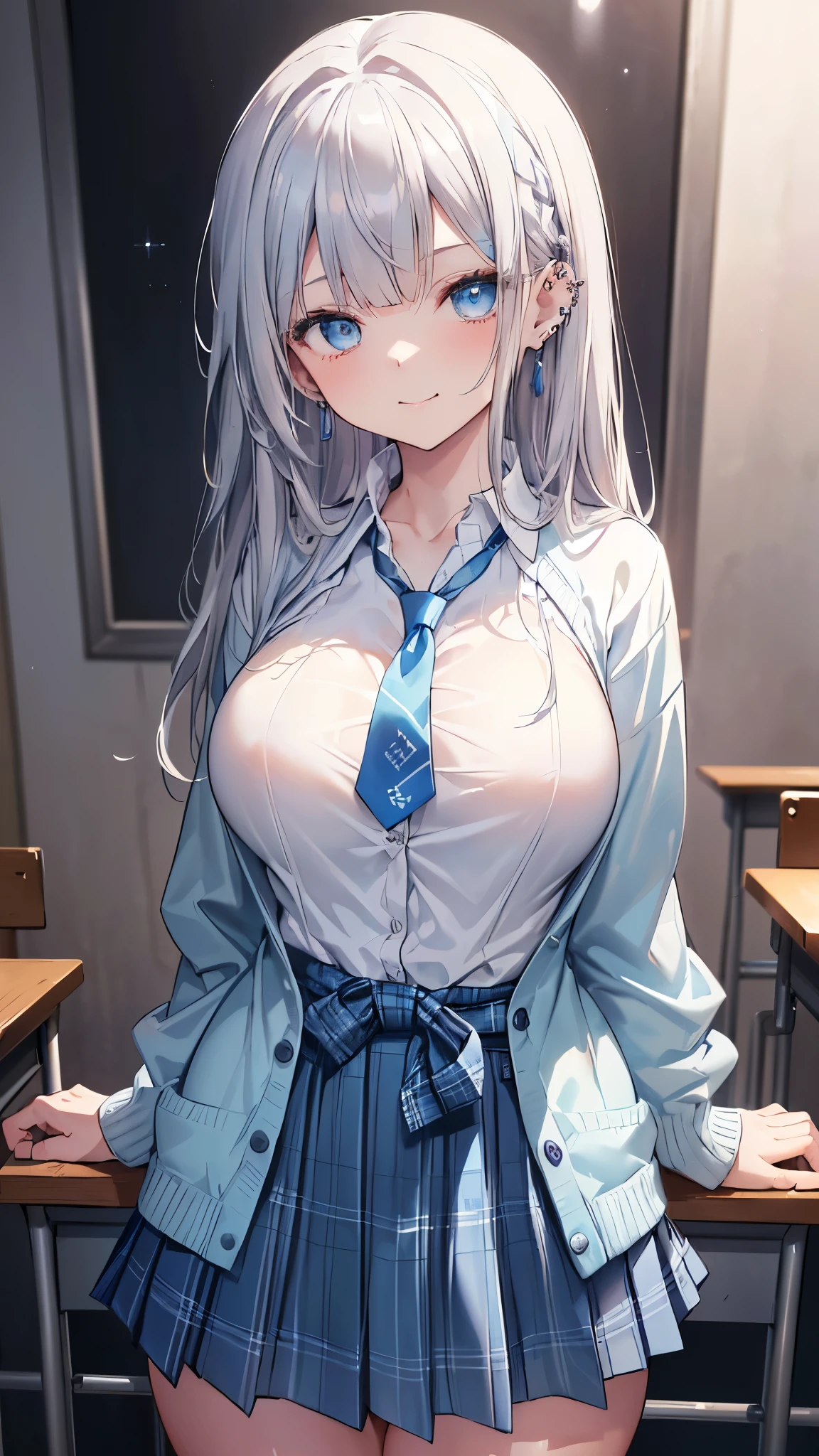 top-quality、Full limbs、complete fingers、Slender beauty、1人の女性、((Light blue school swimsuit:1.3)), ((Beautiful Large Breasts:1.3))、A big smile、beautiful face、Naughty Poses、Dancing、Classroom、The sun is setting
