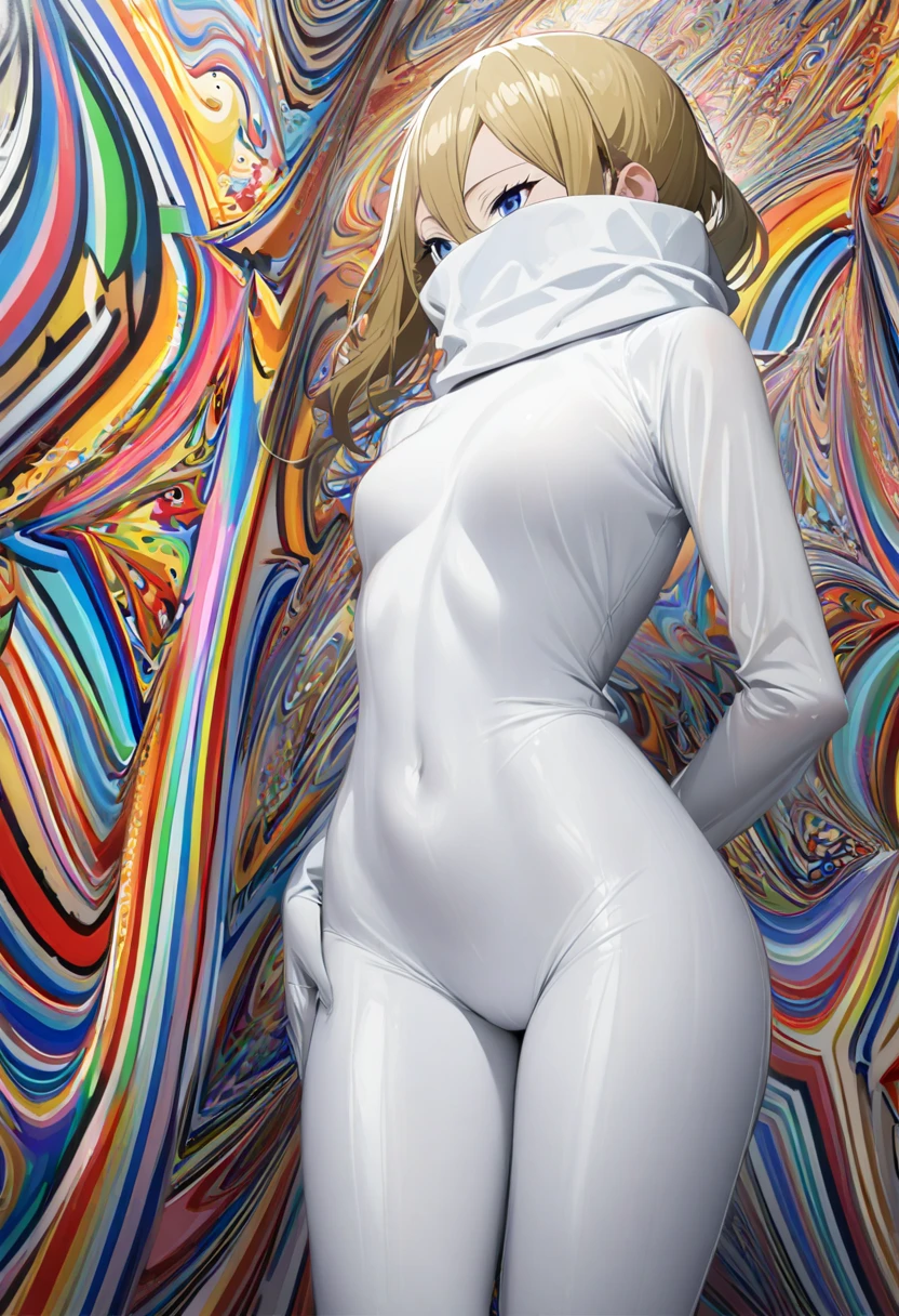 A giant woman in a white leather bikini and boots and a  standing in front of her in amazement, Genitalia protruding, A bikini that is too thin and cuts into the genitals, White belt, Wet swimsuit, Thighs wet with sweat, Giant Art, Nearly naked lower body, Thighs glistening with sweat, Breast exposed, White ultra high leg one piece swimsuit, Bodybuilder Superhero Bikini, Orange leather gloves，Near-nude skin exposure，Giant woman standing in the crowd，high resolution，８ｋ，Nearly naked，Super high leg one piece swimsuit，Nipples are visible