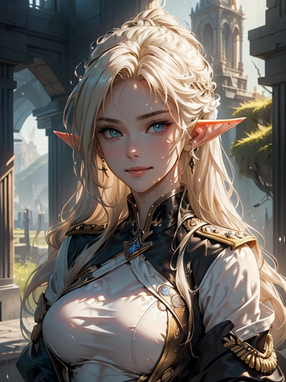   Masterpiece  ,  top quality,  High Definition CG Unity 8K Wallpaper ,((Upper body portrait)), ((Spaceship bedroom)), ( long pointed ears ),  elegant long wave platinum blonde hair, (( average chest size , Self-illuminating skin)), ((A revealing black-on-white military uniform)),  ( I sweated,  Wet White Skin ), (Mechanical Circlet), (), , ( has an enchanting smile), cute, Symmetrical face, fine grain, Key Art, Awards,  Realism with Delicate Details HDR , photorealism,  hyperrealism,  super real ,  Dramatic Light ,   Strong Shadow  ,  Wonderful scenery,  written border depth 