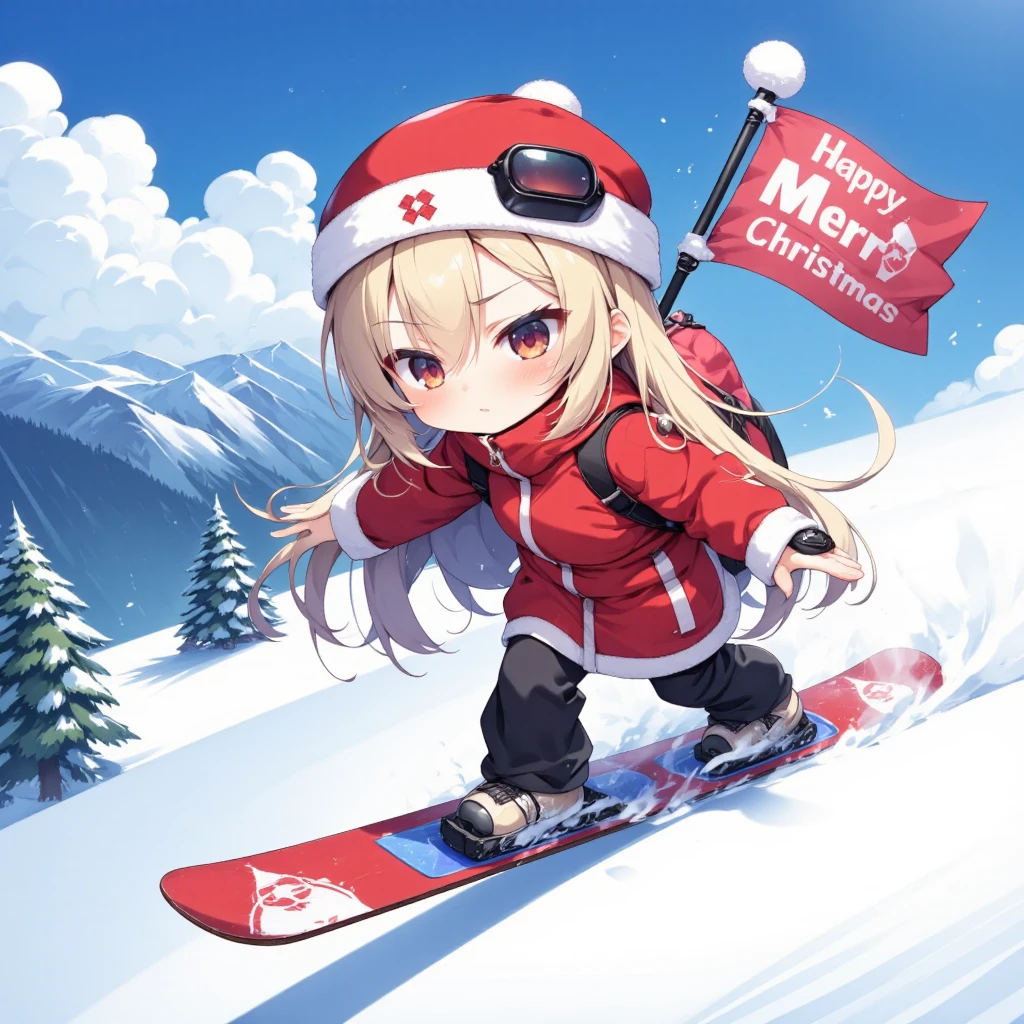 A chibi girl snowboards down the slope of a ski slope, with an unusually serious expression and cold sweat, there is a windsock on her back that says "Happy Merry Christmas", Christmas colors, Christmas style, This is cute fantasy art that looks like a fairy tale picture book, ultra detailed, absolutely resolution, masterpiece