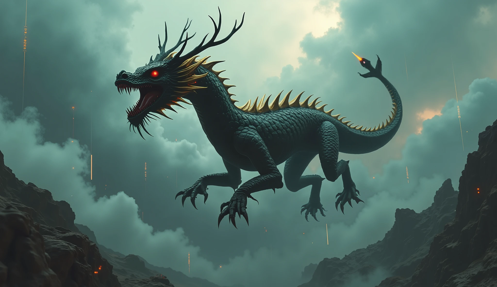Wide view, high angle looking down shot, futuristic, Fantasy, cinematic scene. Dramatic storming sky background. 9 of Chinese Dragon, The Asian black Dragon without wings. the body is long, austere dark and metallic, the antler is metal, the eyes is Ruby and shining, four lég woth sharpen claws, golden beautiful fin and tail. wandering through sky, Golden runes and cybernectic line decorate, Grimmdark, mechanical. (Ultra-realistic, 32k, Masterpiece, High Quality, Detailed Realistic Background, Official Art, Realistic Lighting, filmfotos, film grain, reversal film photography).