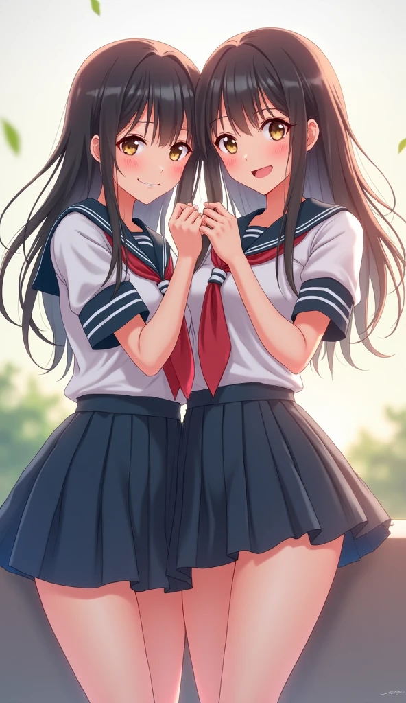 ((Heart Hand),)Love Student,  two female students in uniform,  Lesbian Couple ,  tall and skinny , beautiful, Alumna x Alumna, Classmate masterpiece , Best Quality,  details,  textured skin,  cowboy shot,