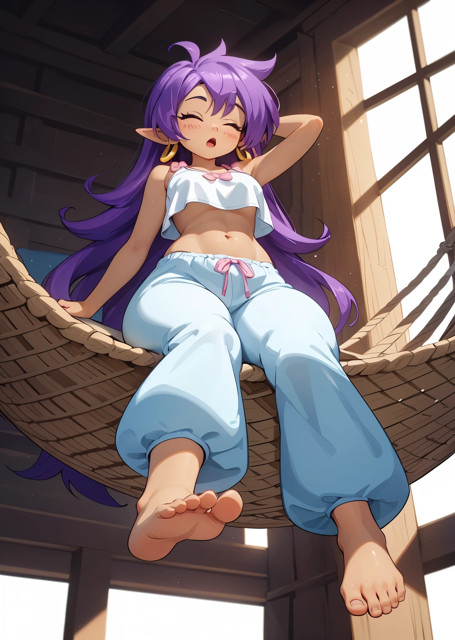 [Shantae], ((masterpiece)), ((HD)), ((high res)), ((solo portrait)), ((full body)), ((low angle view)), ((feet visible)), ((foot focus)), ((detailed shading)), ((intricate details)), {attractive girl, (dark skin tone), (brown skin), (long messy purple hair), (spiky bang), (closed eyes), (long eyelashes), (curvy hips), (defined muscles), (beautiful legs), (defined feet), (blushing), (yawn)}, {(light blue puffy pajama pants), (light blue crop top), (navel)}, {(sitting on bed), (looking at viewer)}, [ambient lighting, bedroom, window, beach, sun rays]