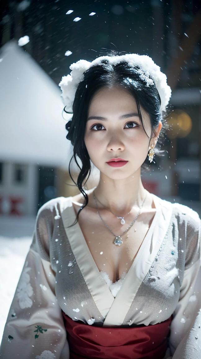 (hyperrealistic), (illustration), (high resolution), (8K), (extremely detailed), (best illustration), (best quality), (ultra-detailed), (masterpiece), (wallpaper), (photorealistic), Female DJ, Colorful clothes, Peculiar, Vibrant appearance, Have big breasts, Playful accessories, creative, Imaginative, Sensual, Voluntary, DJ headphones, Mixing Console, Music Clubs, Nightclub, independent theater, underground Nightclub, high quality, Skin Texture, Intricate details, (Cinema Lighting) (natural light), (1girl:1.52), (solo:1.51), (beautiful detailed eyes), (detailed beautiful face), (high detailed realistic skin texture), (anatomically correct), (high detailed realistic hair), (caramel hair:1.35), (heterochromic eyes), (detailed eyes), (blue eyes:1.37), (sparkling eyes), (realistic huge breasts:1.57), (slender abs), (dynamic modelling pose), (closed tiny mouth:1.3), (concentrated expression), (fullbody:1.56), snow-covered palace,winter wonderland,crown of ice,sparkling snowflakes,ethereal beauty,snowflakes swirling around,snow-covered trees,gorgeous snow queen,glowing ice shards,powdery snow,snowflakes glistening in the sunlight,majestic and graceful presence,snow-capped mountains,icy breath,hint of blue and silver in the color scheme,dramatic lighting,soft snow falling,queen's regal gown,subtle shades of white and blue,icy palace walls,crystal-like skin,photograph, photogenic, bokeh, cleavage, bare shoulders, , The spotlight shines on the female DJ. Photorealistic photography by Disco Lighting, (cute round face:1.3), perfect fingers, five fingers, beautiful hands, perfect hands. master peace, cute smile.