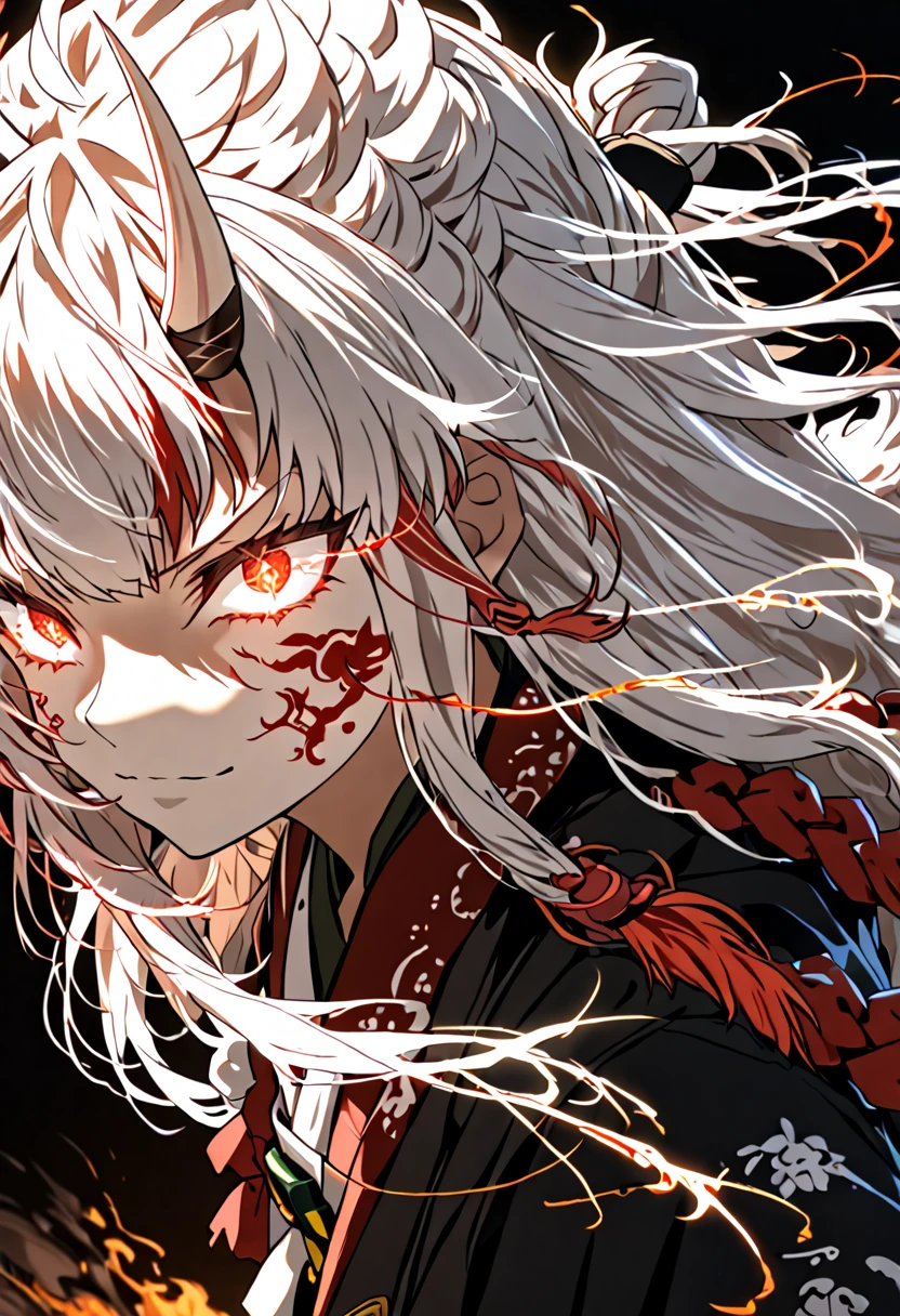 8K Ultra High-Quality, ultra-detailed, High quality, Nakiri ayame, white oni horns, glowing hair, burning hair, glowing eyes, close up, glowing face tattoo, dark background