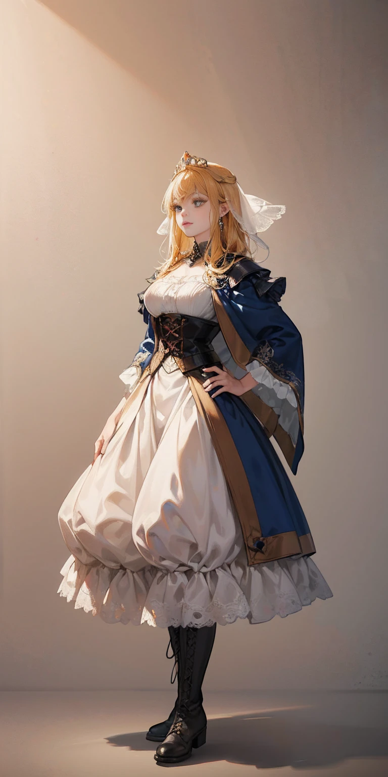 ((plain background)) full body of a woman in a dress with a veil, feet together, standing feet together, military boots, beautiful fantasy maiden slave warrior, beautiful fantasy art portrait, fantasy victorian art, medieval fantasy art, beautiful and elegant queen Roxxane, portrait of queen of light, fantasy portrait art, gothic fantasy art, a beautiful fantasy empress, hands on hips