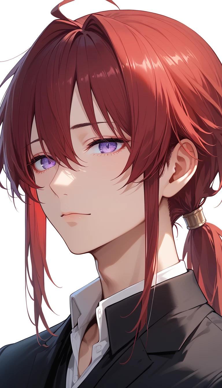 1 boy, Red Hair, long hair, tied hair, purple eyes, Delicate eyes, Solitary focus, Simple background, Male focus, Solitary, permanent, Cheng Zhenyu, portrait,, (masterpiece:1.0), (best quality:1.0), (8k wallpaper:1.0), (Beautiful and delicate face:1.0), (detailed Deep eyes),  Deep eyes,Looking at the audience,