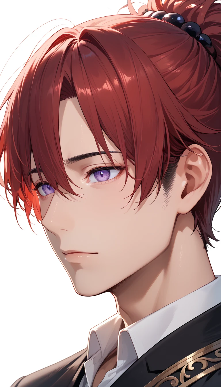 1 boy, Red Hair, long hair, tied hair, purple eyes, Delicate eyes, Solitary focus, Simple background, Male focus, Solitary, permanent, Cheng Zhenyu, portrait,, (masterpiece:1.0), (best quality:1.0), (8k wallpaper:1.0), (Beautiful and delicate face:1.0), (detailed Deep eyes),  Deep eyes,Looking at the audience,