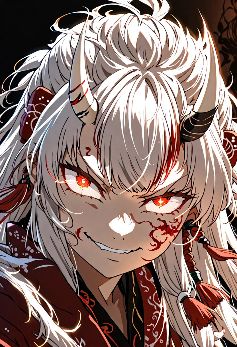 8K Ultra High-Quality, ultra-detailed, High quality, Nakiri ayame, white oni horns, smug, glowing hair, burning hair, glowing eyes, close up, glowing face tattoo, dark background