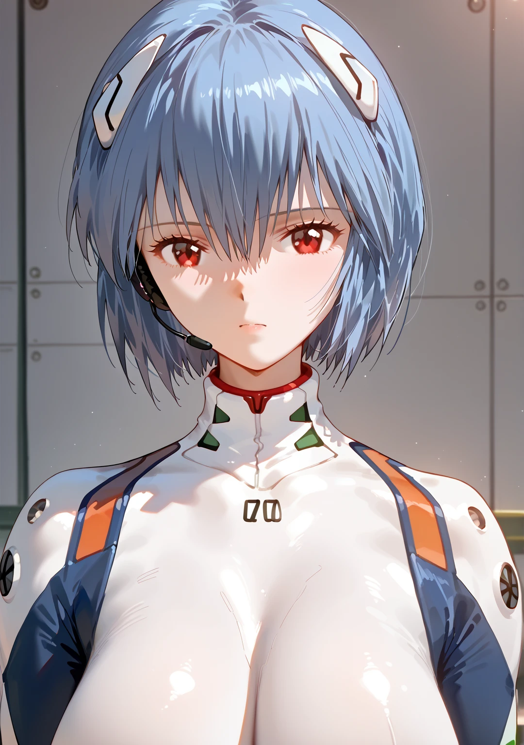             top quality,             top quality,          High Quality Photos           ,             Masterpiece         ,               super high resolution    ,             detailed background ,             absurd,          perfect anatomy            ,             performance   ,     good lighting    ,     Photo Gallery Ayanami Rei 、 white bodysuit 、 red eyes、Pilot Suit、 short hair 、 blue hair 、bangs、 Interface Headset、 turtlenecks、 hair between eyes 、 very huge breasts、