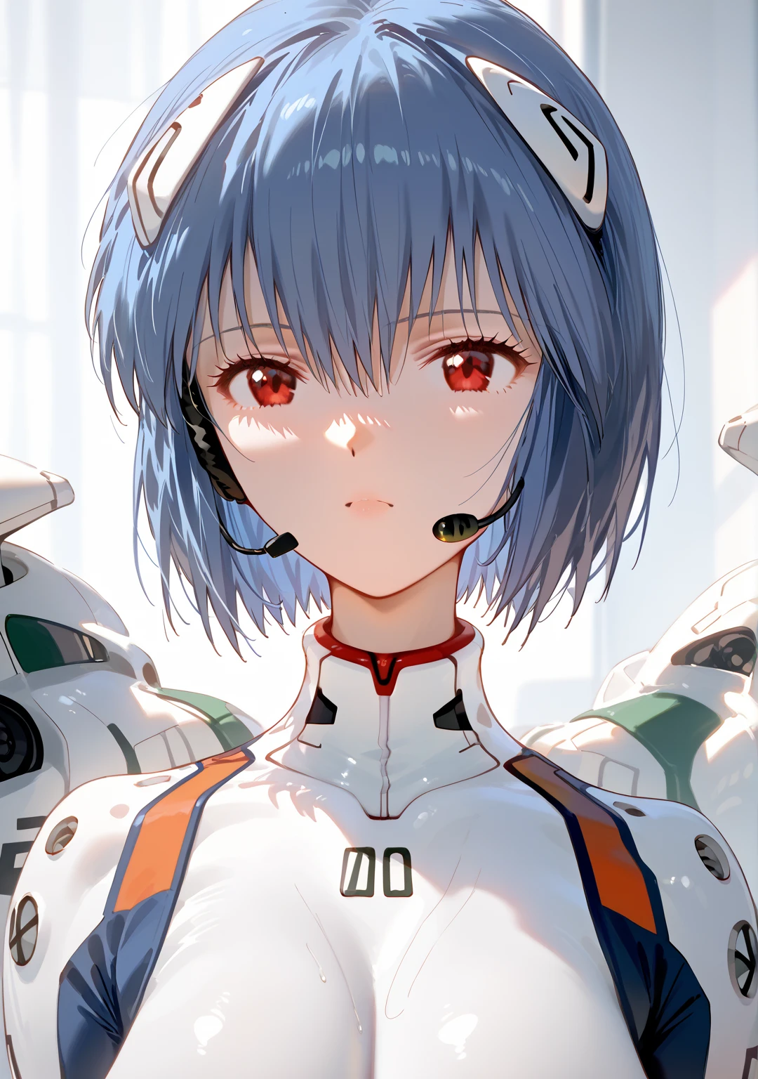             top quality,             top quality,          High Quality Photos           ,             Masterpiece         ,               super high resolution    ,             detailed background ,             absurd,          perfect anatomy            ,             performance   ,     good lighting    ,     Photo Gallery Ayanami Rei 、 white bodysuit 、 red eyes、Pilot Suit、 short hair 、 blue hair 、bangs、 Interface Headset、 turtlenecks、 hair between eyes 、 very huge breasts、