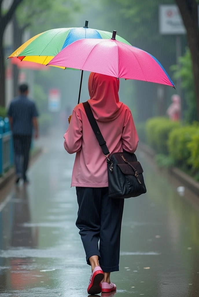 a bangladeshi street road, beside road there are rarely buildings. a slim woman is coming ahead, she is wearing white hijab, sky-blue dress, she has a face mask and eye-glasses. she has a bug in her two soilder. she open her black umbrella at noon. she is coming towards. Her frame of eye-glasses in color of water with square shape glass.