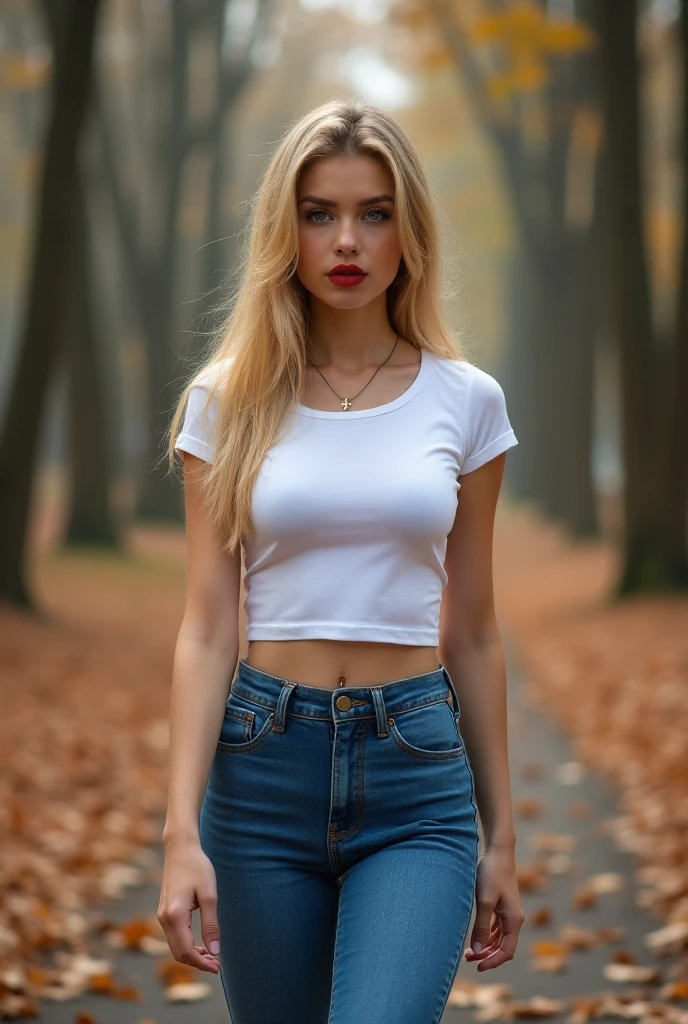    Young beautiful woman ,  european type ,   blond long straight hair ,  bright bright blue eyes , square face ,  natural makeup ,  full fiery red lips ,  real skin texture ,  detailed skin , long eyelashes ,   half-open mouth ,  stunning view , the whole figure ,  real sunlight, small solid breasts ,  dressed in a sexy elegant short white T-shirt to the waist,  long bright blue denim pants ,  around her neck has a gold chain with a small cross ,  black elegant high boots on a high heel accentuates long and slender legs,   walks along a wide forest path , autumn forest ,  in the forest have trees a different color of leaves ,  cloudy sky ,  real picture  ,  realistic natural light, real lips , real eyes ,  real anatomy ,  realistic picture ,  movie lighting ,  sexi pose ,  erotic motif ,  detail face ,  many details ,  bright bright pastel colors,  real breasts , detailed breasts ,  realistic breasts ,  masterpiece , winter atmosphere , christmas motif 