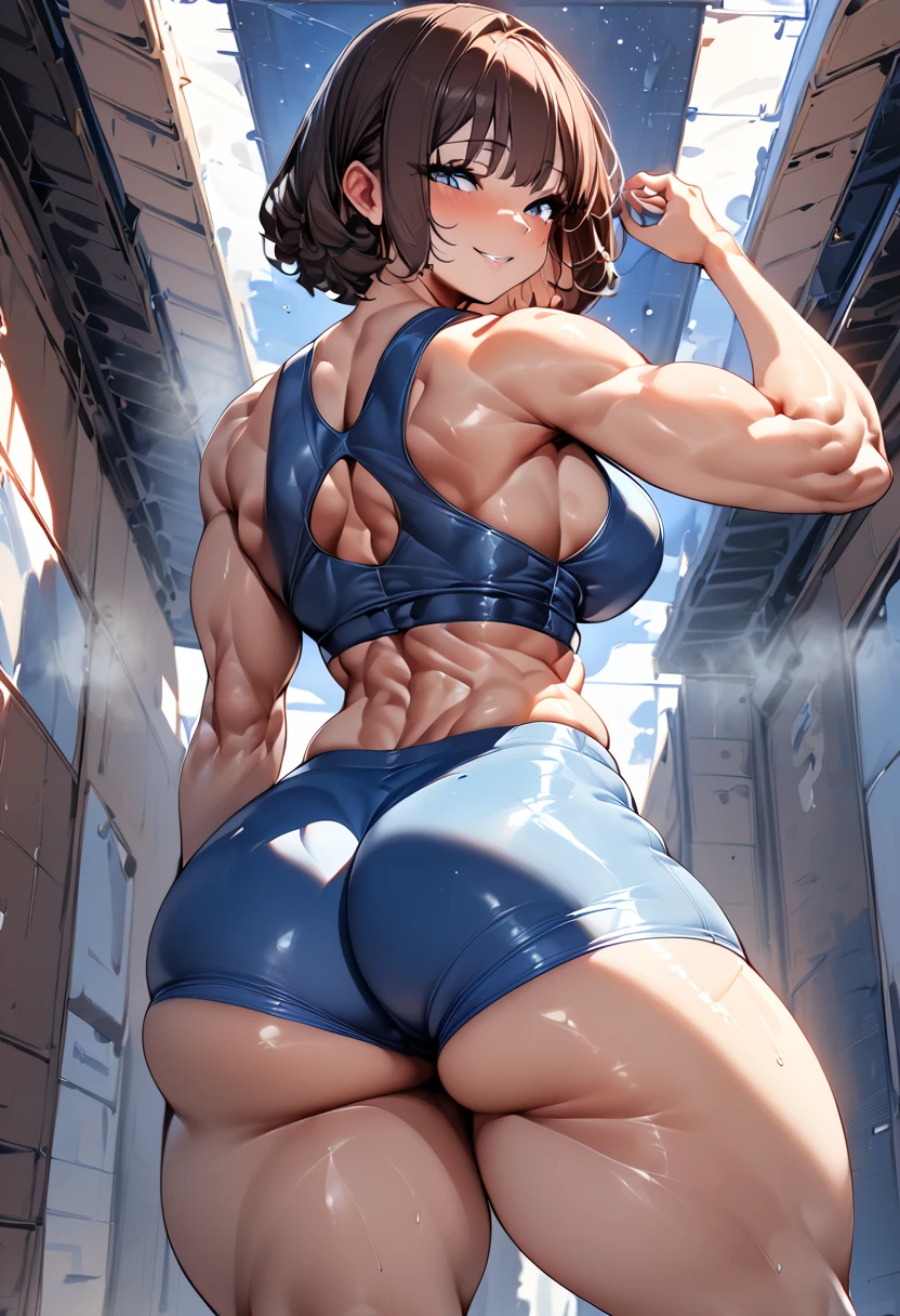milf, kobeni:1.3 in too small clothes, front pose, 1girl, short hair, Droopy Eyes, big breasts, thick thighs , huge muscular ass, white panties, huge muscles, big biceps, hyper defined muscles , perfect body, posing for photo at gym