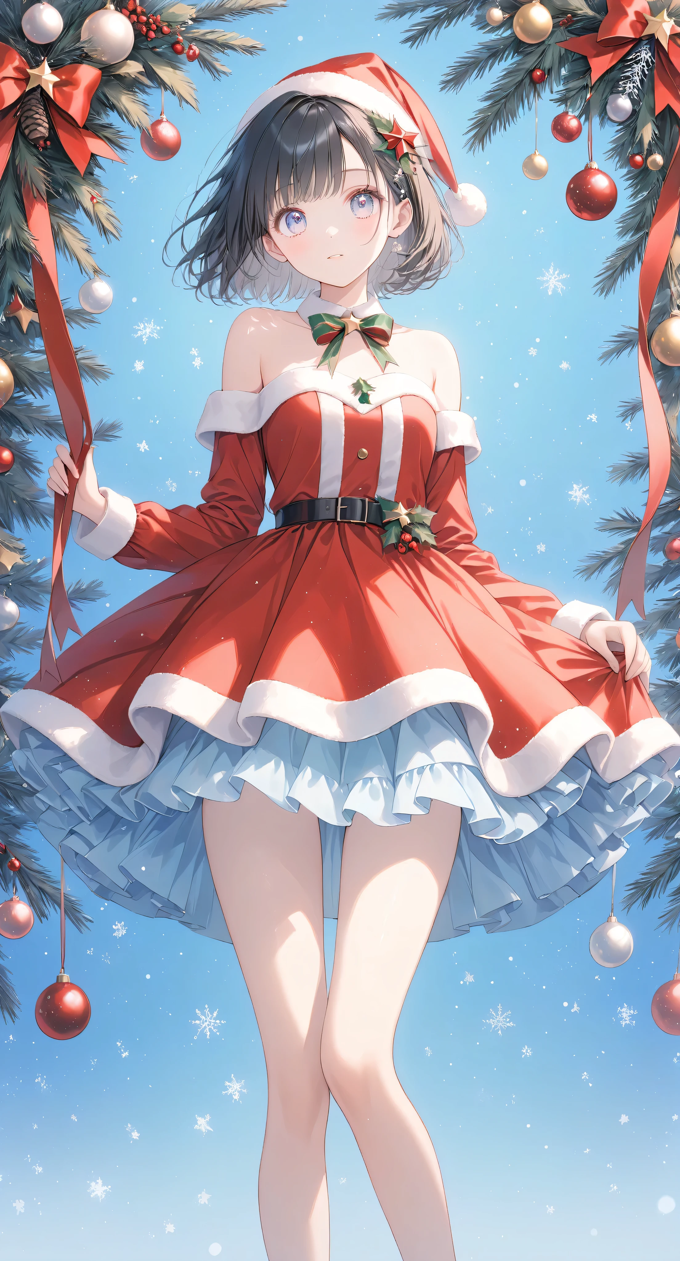 Masterpiece, high quality, high tonal range, high resolution, 16K, pastel colors, KyoAni illustration, background detail, digital painting, hyperrealistic, petite woman, young woman, beautiful face, long eyelashes, fair skin, detailed skin, full body, shiny thin legs, bare shoulders, short black bob with hair decoration, idol, Santa costume, sparkling eyes, Big eyes, shy, Christmas decorations,  cinematic effect, 