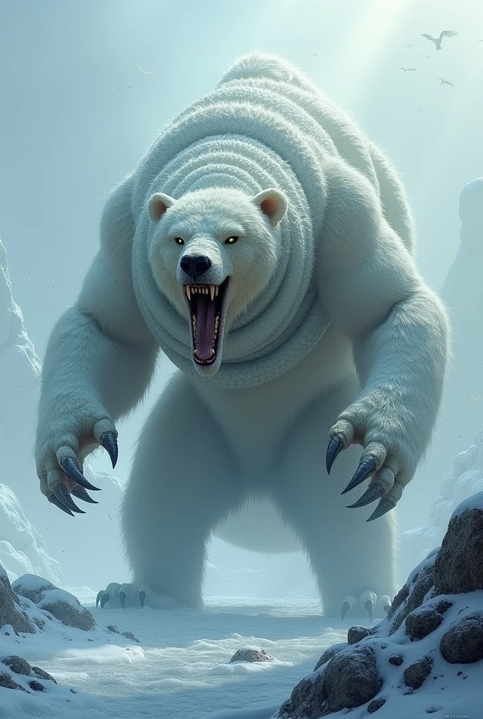 A frontal image of the moment of a polar bear attack on Expectador . The polar bear attacks the spectator with his binges, the bear is furious . Animal rage rage . He wears a very torn and torn leather blanket as primitive clothing.. He attacks , dynamic angle.