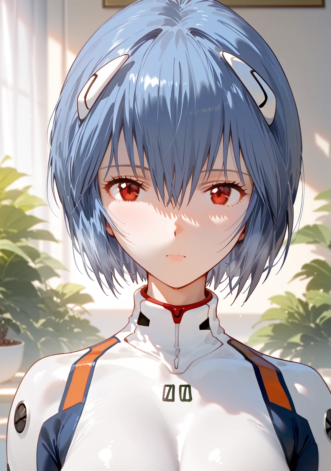             top quality,             top quality,          High Quality Photos           ,             Masterpiece         ,               super high resolution    ,             detailed background ,             absurd,          perfect anatomy            ,    Overall Performance    ,     good lighting    ,     Photo Gallery Ayanami Rei 、white plug suit、 red eyes、 short hair 、 blue hair 、bangs、 Interface Headsets、 turtlenecks、 hair between eyes 、 very huge breasts、