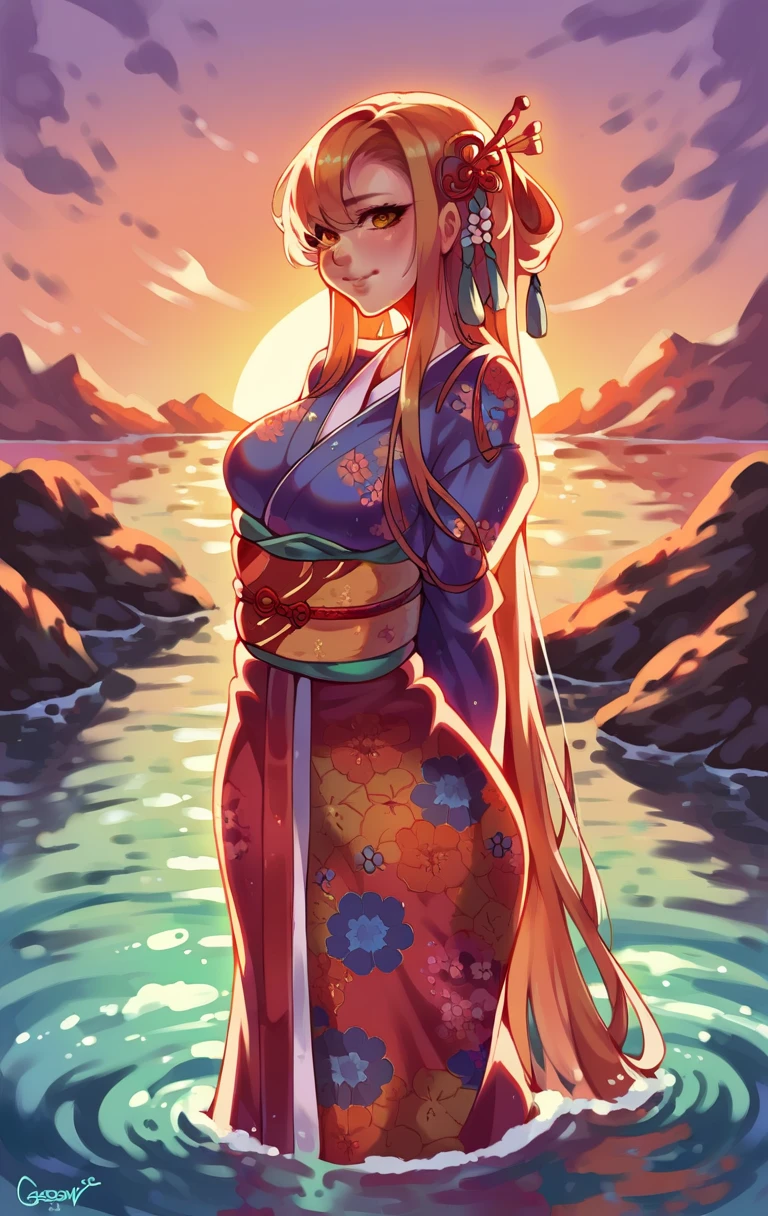 asuna, masterpiece, best quality, detailed, (1girl), solo, detailed golden eyes, long hair, standing, close to viewer, (detailed kimono), light smile, medium breasts,  (arms behind back), water, sunset, (hair ornament), (Sakura bloom),  snow mountain lake in the background