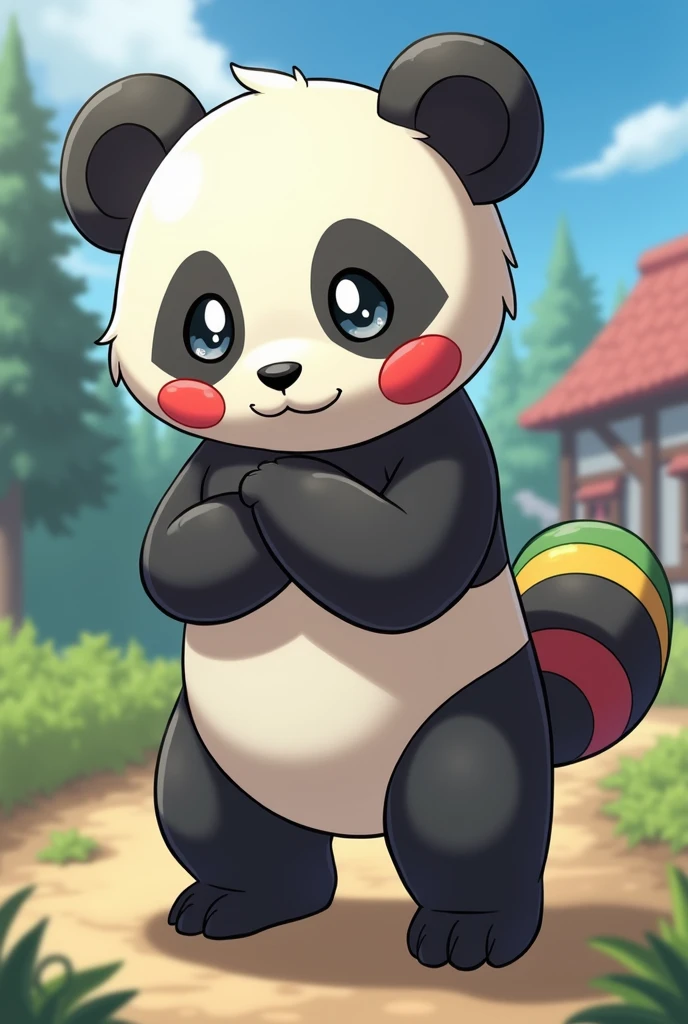 1boy,furry,hairy,Red panda orc,black and white red panda,black and white hair,standing posture,wearing white socks,smile emoticon,individual,topless,super wide angle,panoramic