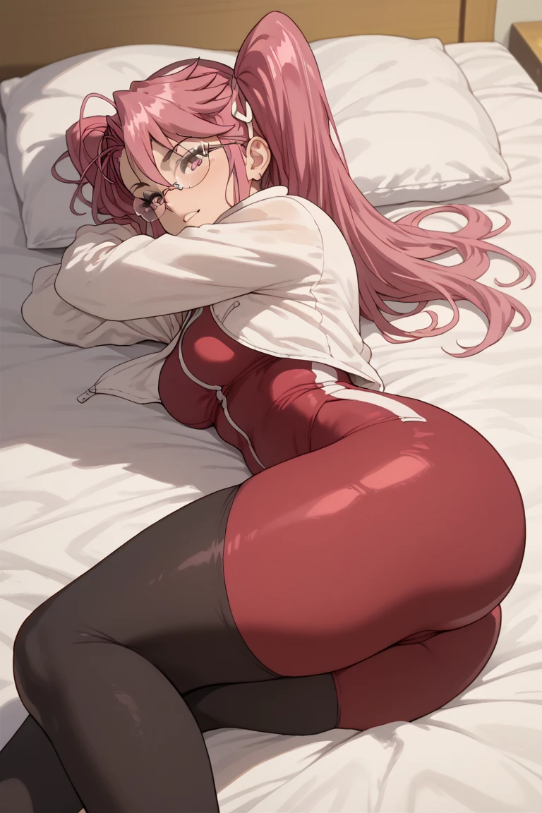  spandex red  body suit　 bed　 invited position 　 sexy　 showing private parts 　 open thighs　 　　zentai　M-shaped legs　takagi saya　glasses
   ecstatic expression　 takaya noriko costume
black leggings pink hair