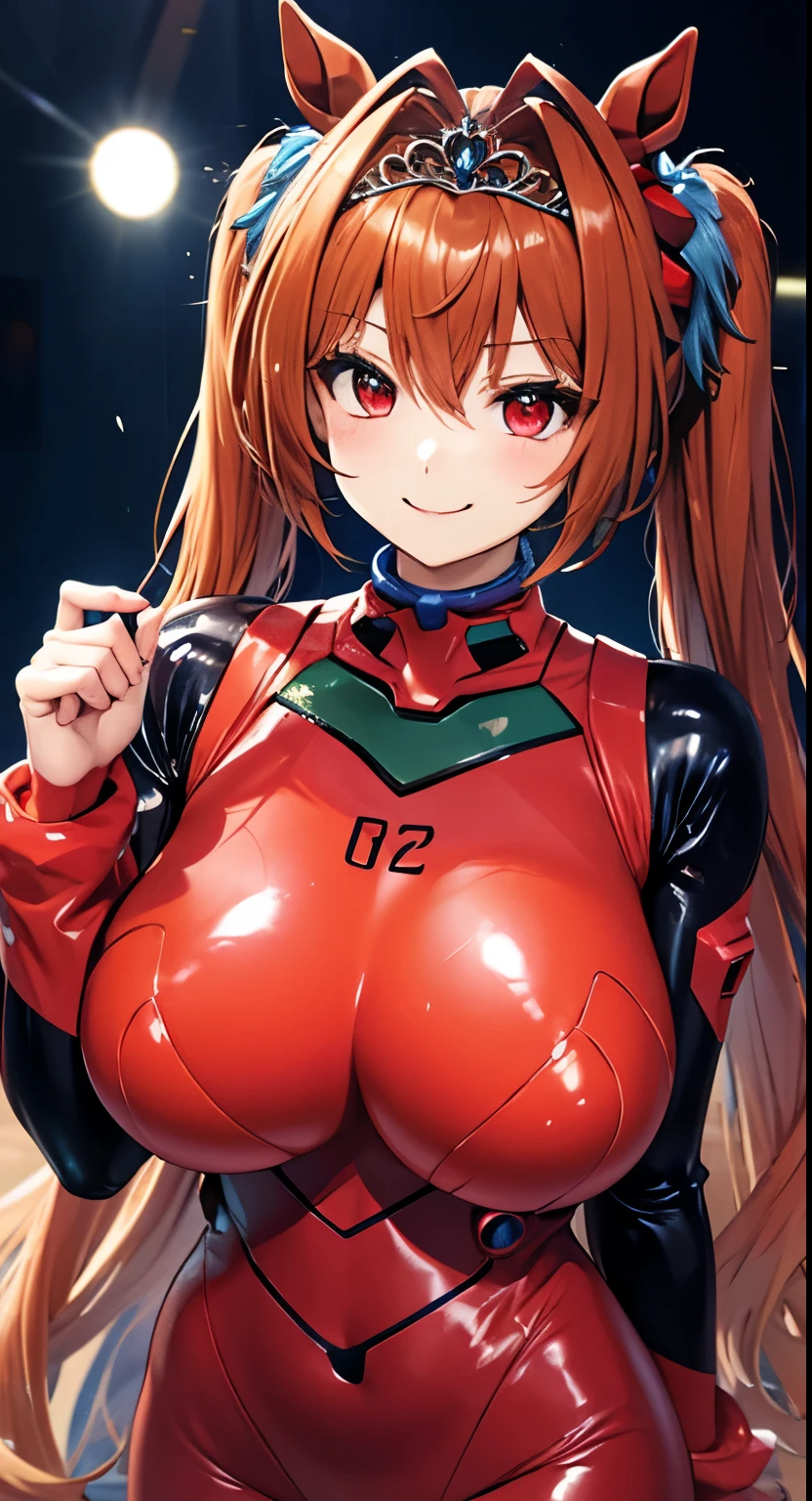  Daiwa scarlet （Horse Girl）, asuka  cosplay costume,  cosplay,  PLUG SUIT,  Bodysuit ,  hair ornament 、Reddish brown hair、 twin tails、大きな twin tails、Put a tiara on your head、 very very long horse ears、、、、、Red eyes、 red eyes、 big eyes、 very very very big breasts （ Super Big Breasts ：9.9）smile、満面のsmile