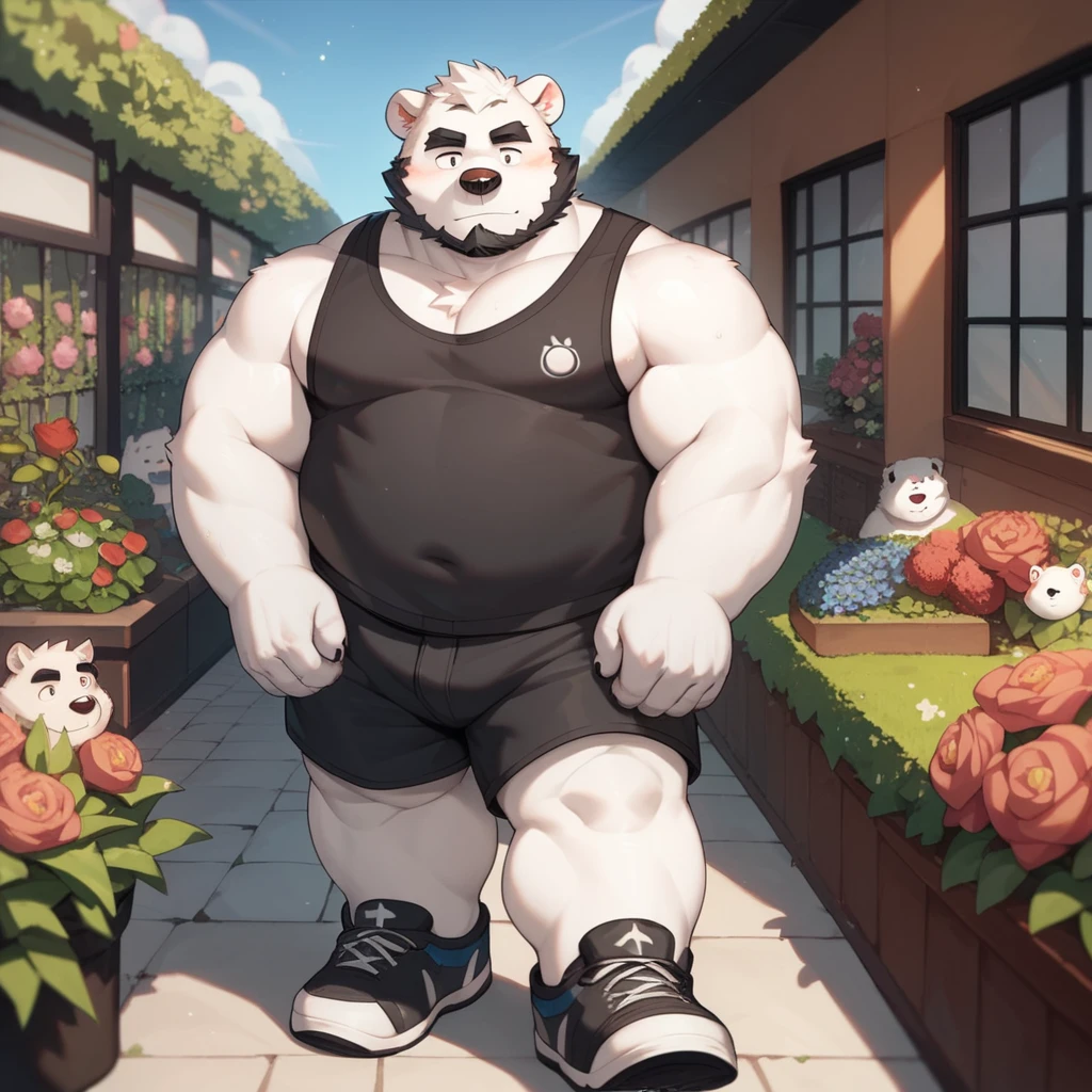 Scribble polar bear face,Humanity(polar bear),(Black jacket:1.3),Chubby,(Black eyebrows:1.1),(Perfect eyes),White fur，（artist:Takemoto Arashi），garden，（black shorts:1.3），paw，（black beard:1.3）