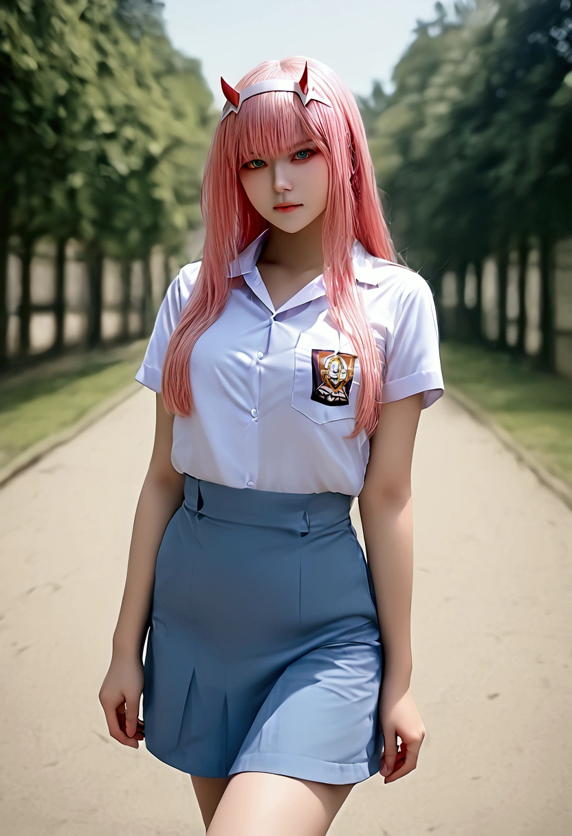 bmasterpiece、top-quality、hight resolution)、 Real life adaption for this character, Masterpiece, high quality, best lighting, cinematic, 1girl, zero two, pink hair, (perfect body), ((schoolgirl uniform)), looking at viewer, standing, outdoors