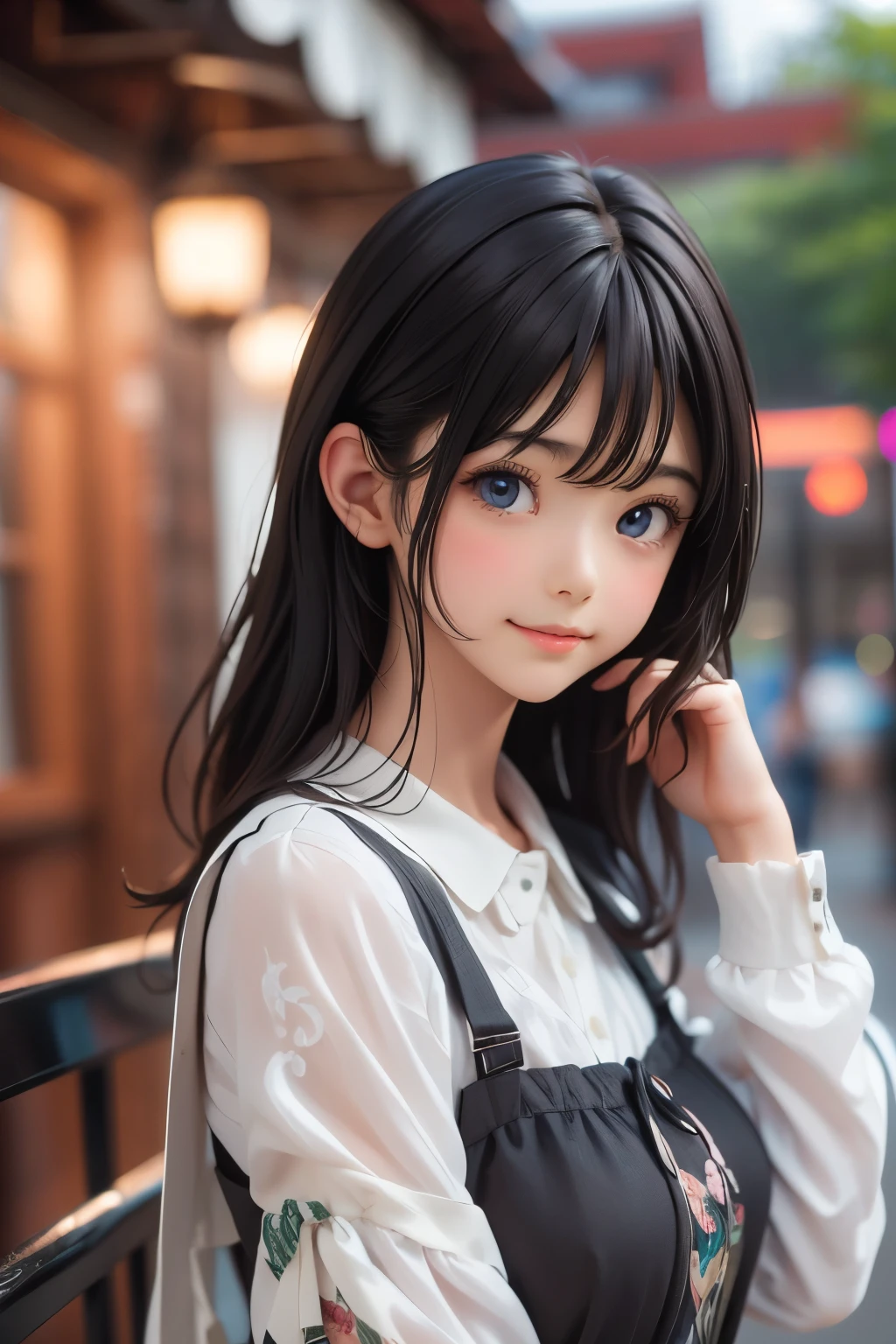 (ultra Realistic) , (illustration), (Enhance resolution), (【8k), ( Extremely Detailed), (best illustration), ( beautiful detailed eyes ), ( Best Quality), (Extremely Fine ), (masterpiece), (wallpaper), ( detailed face ), 1 female, Black Straight Hair, Chubby , Slim Body , Meticulous details, in the dark , deep shadow, low profile, pureerosfaceace_v1, Happy smile, Summer Dress , Fall, rainforest