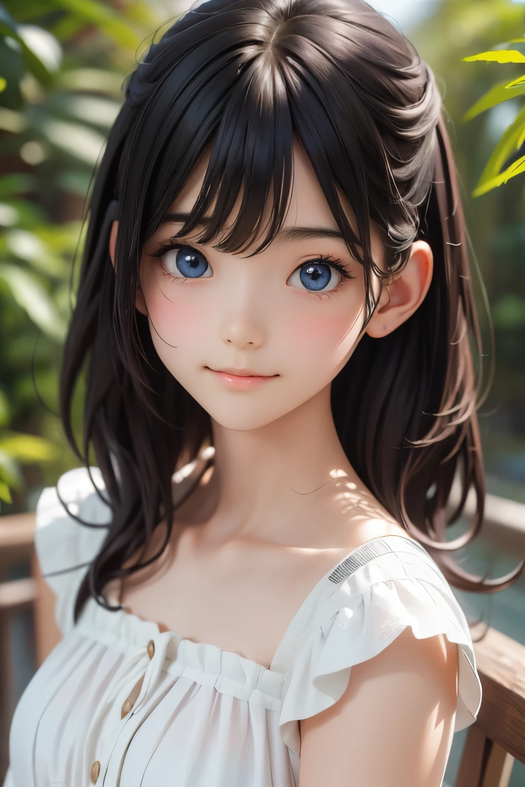 (ultra Realistic) , (illustration), (Enhance resolution), (【8k), ( Extremely Detailed), (best illustration), ( beautiful detailed eyes ), ( Best Quality), (Extremely Fine ), (masterpiece), (wallpaper), ( detailed face ), 1 female, Black Straight Hair, Chubby , Slim Body , Meticulous details, in the dark , deep shadow, low profile, pureerosfaceace_v1, Happy smile, Summer Dress , Fall, rainforest