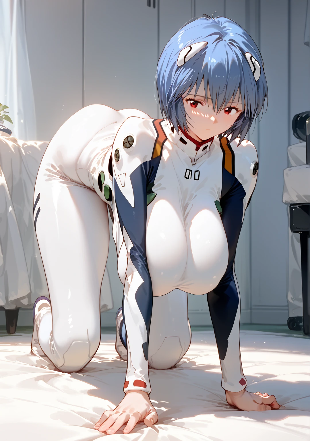 One person, orgasm, futanari, fellatio,  One Girl,(Bukkake), Ayanami Rei, alone, (Ahegao:1.4), Red eyes, Plug Suit, short hair, Blue Hair, chest, Bodysuits, White Background, white Bodysuits, Simple Background, Interface Headset, bangs, Mouth closed, Hair between the eyes, 大きなchest, medium quality, slow, (nsfw:1), futanari, souryuu_明日香_langley, bodysuit, red_bodysuit, neon_genesis_evangelion, medium_breasts