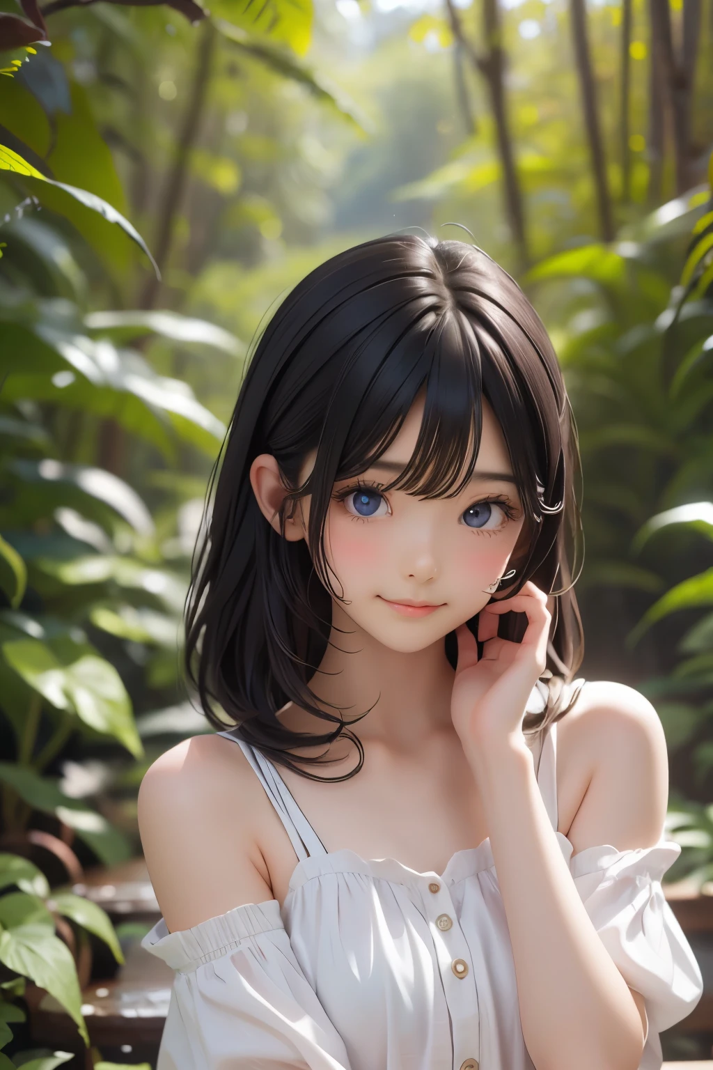 (ultra Realistic) , (illustration), (Enhance resolution), (【8k), ( Extremely Detailed), (best illustration), ( beautiful detailed eyes ), ( Best Quality), (Extremely Fine ), (masterpiece), (wallpaper), ( detailed face ), 1 female, Black Straight Hair, Chubby , Slim Body , Meticulous details, in the dark , deep shadow, low profile, pureerosfaceace_v1, Happy smile, Summer Dress , Fall, rainforest