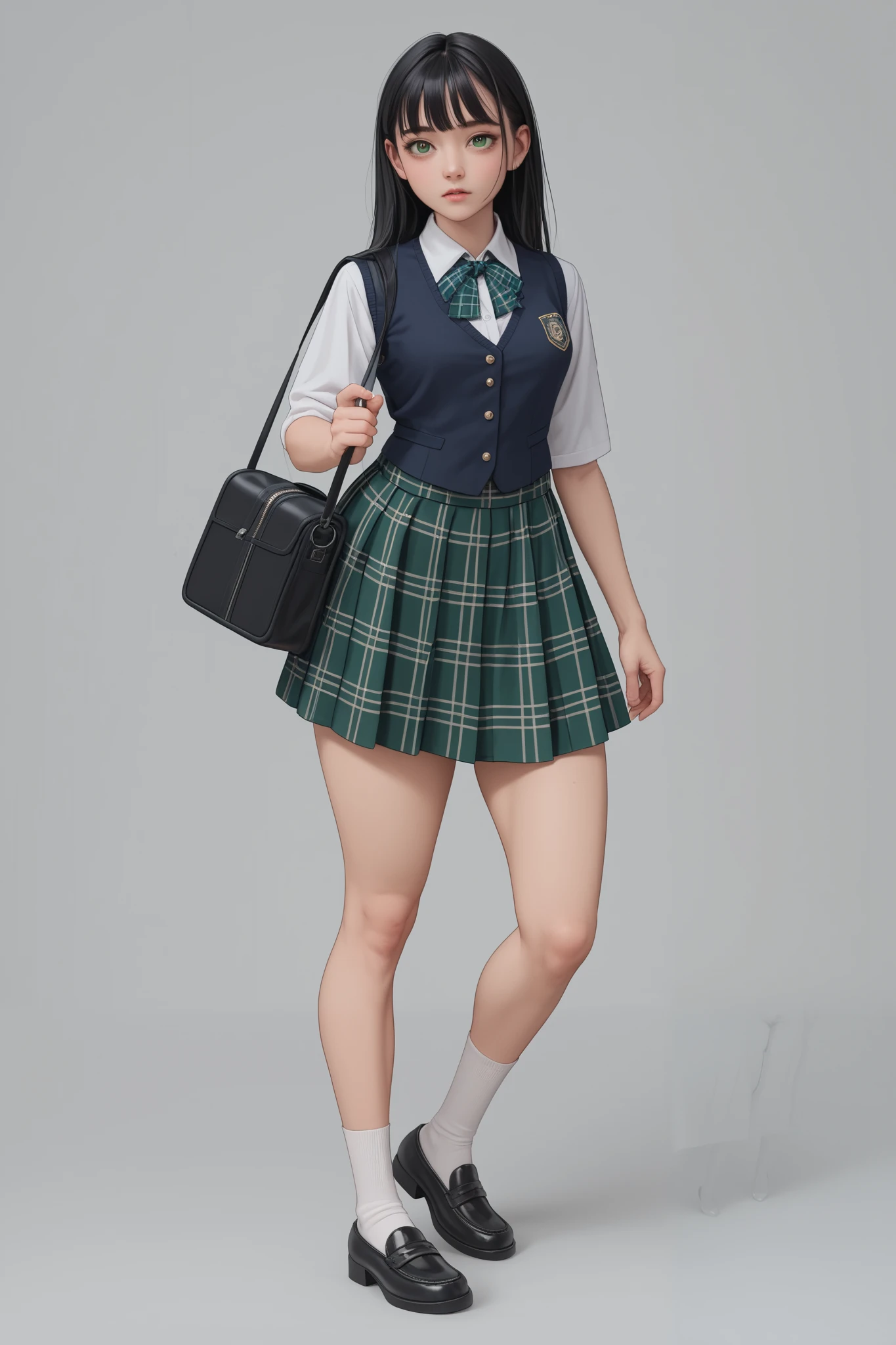 Song Eu-na is a youthful high schoold student. Rocking that luscious waist-long jet-black hair with bangs and deep emerald eyes, she's also sporting a 90-62-100 B-W-H size. Her beauty lies on her diligence, look, and most of all her fit body. Her model long legs with thick thighs are to die for, both literally and figuratively. School dress, shirt, ribbon tie, vest, checkered skirt, standing confidently, sling her bag on shoulder, BREAK, prestigious private school background:1.2, masterpiece, best quality, fullbody close-up view,