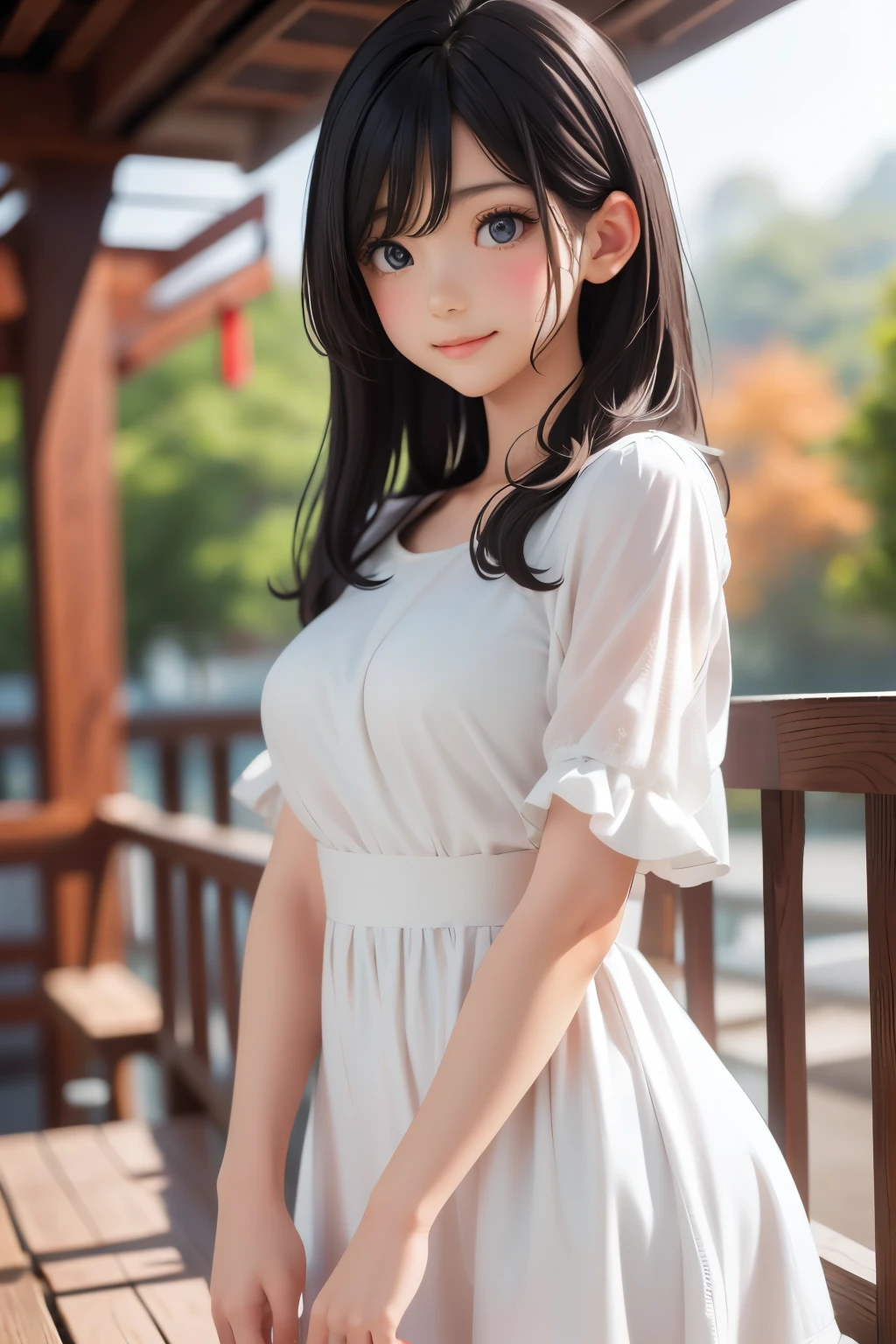 (ultra Realistic) , (illustration), (Enhance resolution), (【8k), ( Extremely Detailed), (best illustration), ( beautiful detailed eyes ), ( Best Quality), (Extremely Fine ), (masterpiece), (wallpaper), ( detailed face ), 1 female, Black Straight Hair, Chubby , Slim Body , Meticulous details, in the dark , deep shadow, low profile, pureerosfaceace_v1, Happy smile, Summer Dress , Fall, rainforest