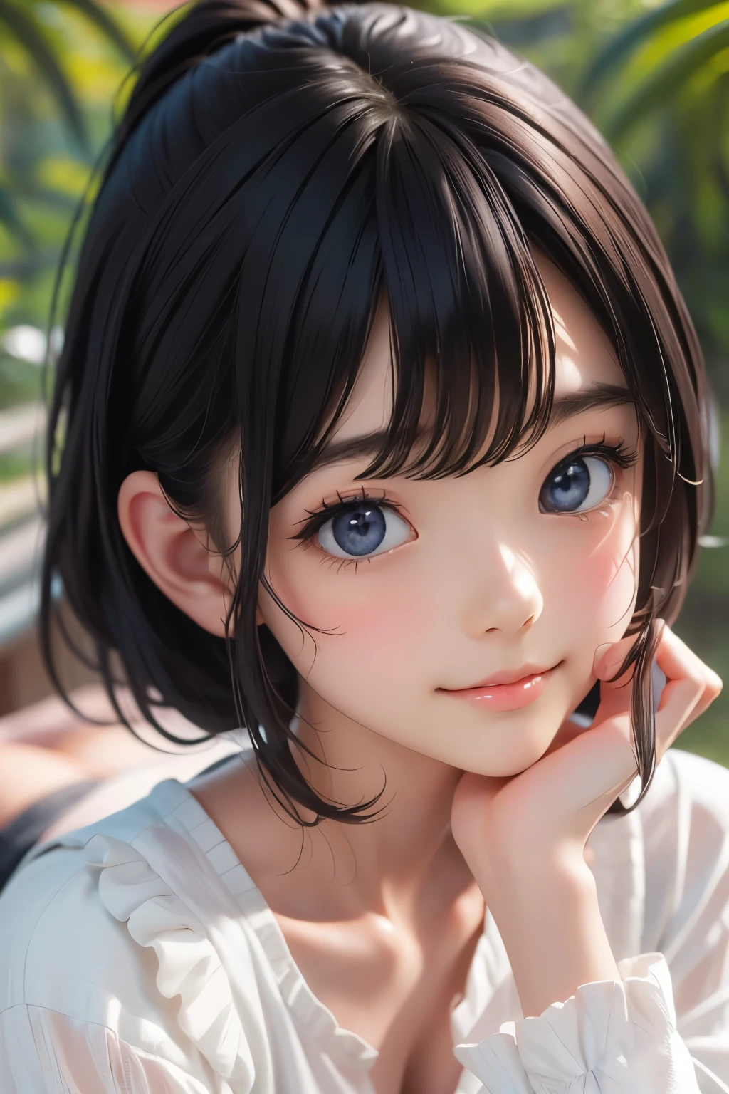 (ultra Realistic) , (illustration), (Enhance resolution), (【8k), ( Extremely Detailed), (best illustration), ( beautiful detailed eyes ), ( Best Quality), (Extremely Fine ), (masterpiece), (wallpaper), ( detailed face ), 1 female, Black Straight Hair, Chubby , Slim Body , Meticulous details, in the dark , deep shadow, low profile, pureerosfaceace_v1, Happy smile, Summer Dress , Fall, rainforest