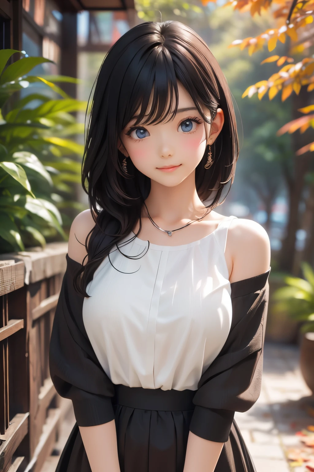 (ultra Realistic) , (illustration), (Enhance resolution), (【8k), ( Extremely Detailed), (best illustration), ( beautiful detailed eyes ), ( Best Quality), (Extremely Fine ), (masterpiece), (wallpaper), ( detailed face ), 1 female, Black Straight Hair, Chubby , Slim Body , Meticulous details, in the dark , deep shadow, low profile, pureerosfaceace_v1, Happy smile, Summer Dress , Fall, rainforest