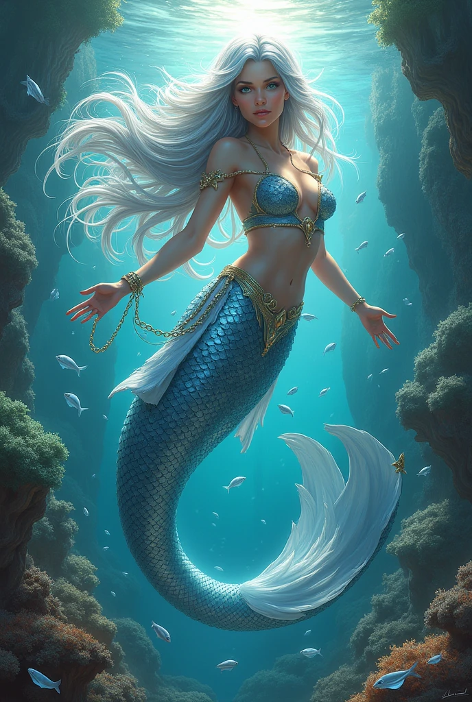 high details, best quality, 16k, ultra detailed, masterpiece, best quality, (extremely detailed), full body, ultra wide shot, RAW, photorealistic, fantasy art, dnd art, rpg art, realistic art, an ultra wide picture of a mermaid princess in steampunk times, under the sea (intricate details, Masterpiece, best quality: 1.4) , female mermaid, (blue: 1.3) skin, (green: 1,3) hair, long hair, swirling hair, intense eyes, small pointed ears, ((blue eyes)), ((glowing eyes)), wearing sea shell clothing, she wears a crown  studded with gems(intricate details, Masterpiece, best quality: 1.4),  beautiful mermaid, you can see rich underwater life, fish, riff, dynamic fantasy blue beach background ((magical atmosphere)), high details, best quality, highres, ultra wide angle, ggmine, RagingNebula