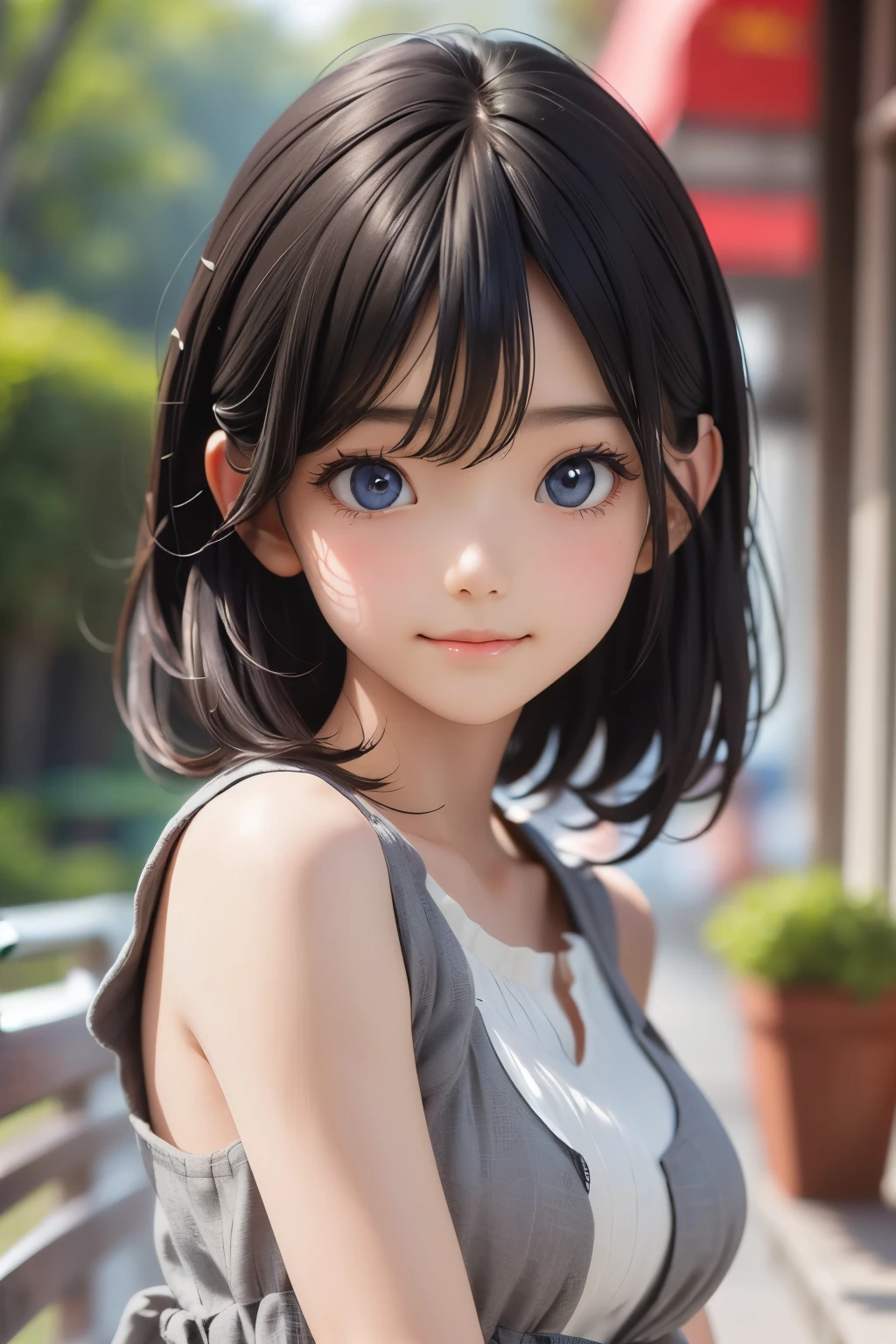 (ultra Realistic) , (illustration), (Enhance resolution), (【8k), ( Extremely Detailed), (best illustration), ( beautiful detailed eyes ), ( Best Quality), (Extremely Fine ), (masterpiece), (wallpaper), ( detailed face ), 1 female, Black Straight Hair, Chubby , Slim Body , Meticulous details, in the dark , deep shadow, low profile, pureerosfaceace_v1, Happy smile, Summer Dress , Fall, rainforest