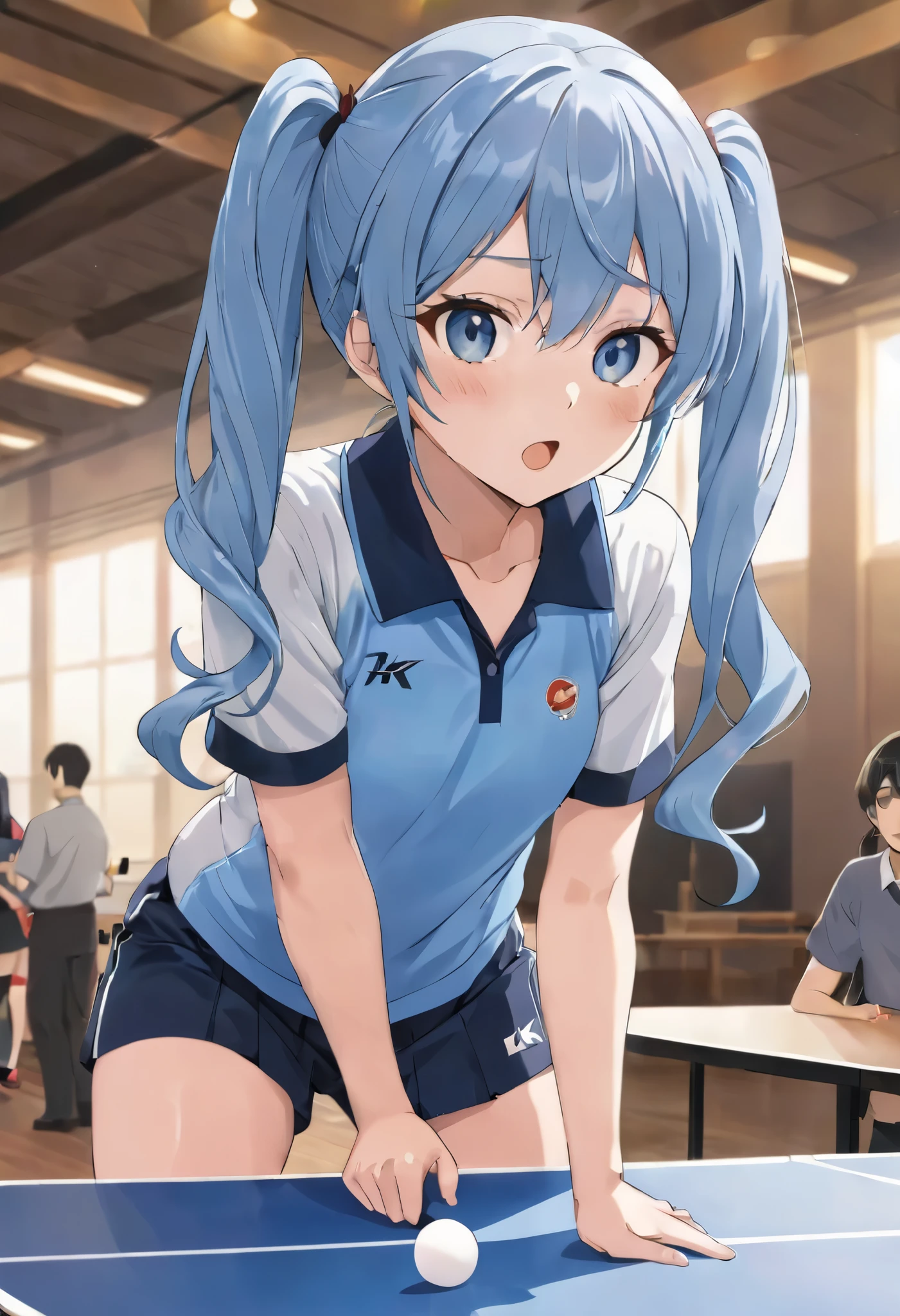 One person playing table tennis at an indoor venue watching by an audience,  light blue long hair、 girl with twin tails 、 close-up、8k!, 4K cartoon wallpaper ,  official artwork,  anime stills featured today,  detailed anime vagina  ,8k!!, Official anime stills,  2D anime style , 