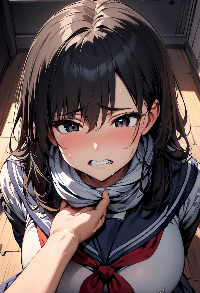 (  Masterpiece  ,   top quality:1.2), 1 girl, Alone,  expressive eyes,  squirm on the floor and look above, ((( looking at the camera))),  Female College Student,  Short Black Hair , ((( perfect face girl who wraps a neckerchief directly around her neck))), Big tits uniform, Troubled face, (Looking down), (((face shot))), (POV hand), (((POV grab your chin )))