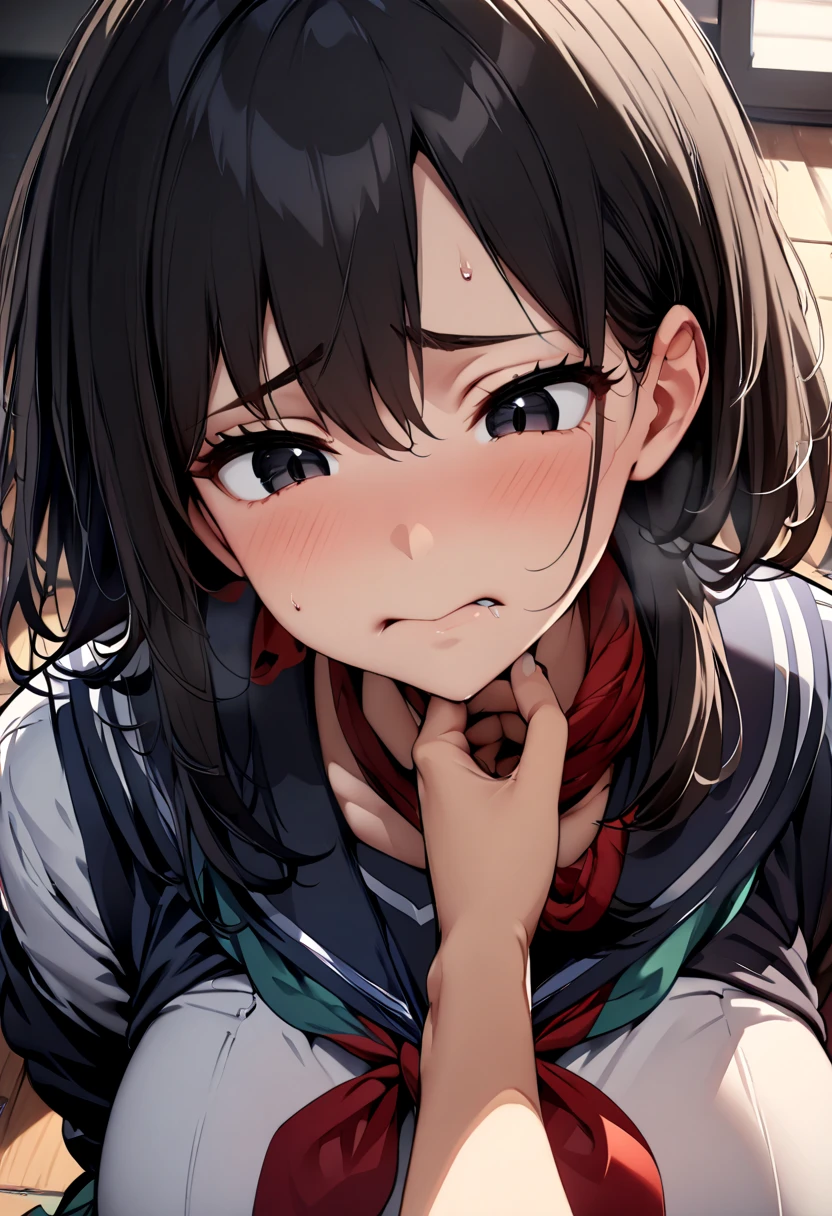 (  Masterpiece  ,   top quality:1.2), 1 girl, Alone,  expressive eyes,  squirm on the floor and look above, ((( looking at the camera))),  Female College Student,  Short Black Hair , ((( perfect face girl who wraps a neckerchief directly around her neck))), Big tits uniform, Troubled face, (Looking down), (((face shot))), (POV hand), (((POV grab your chin )))