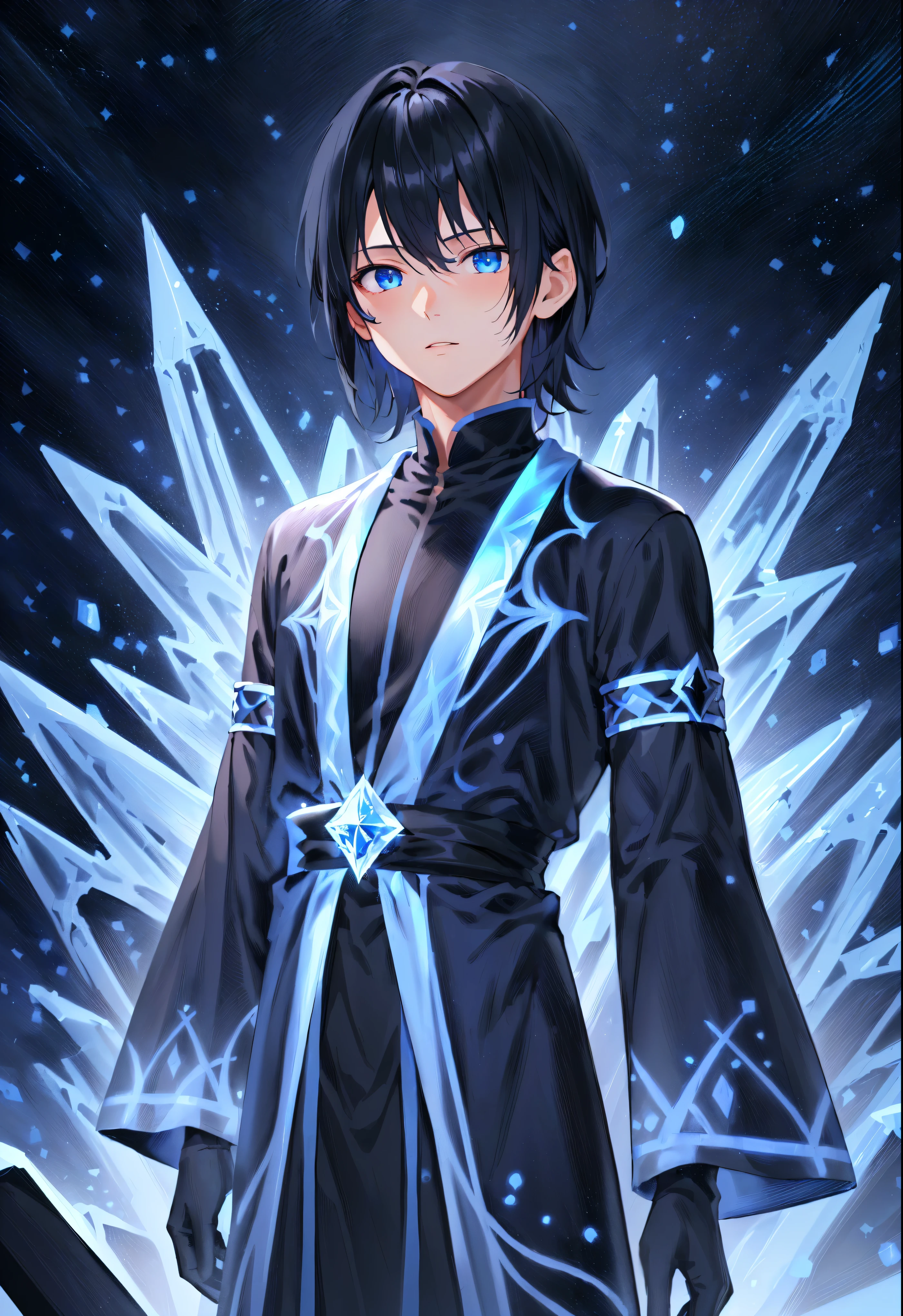 masterpiece, best quality, highres, absurdres, 4k resolution, official art, source_anime, waist up, noctis, expressive eyes, male, youthful, late s, teen, young, pretty, looking at viewer, black hair, night hair, medium hair, flat hair, straight hair, long sidelines, icy blue eyes, fair skin, midnight blue robe, tight robe, half robe, black undershirt, threads, armlets, wide sleeves, black gloves, ice theme, silver decoration, ice element, diamond particles, star sky background, night sky, exterior,