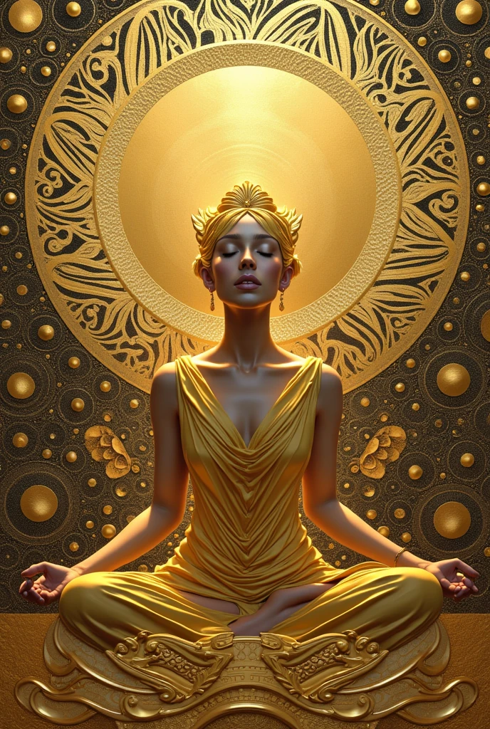 a woman sitting in the lotus position with a golden statue in the background, glowing golden aura, as the sun goddess, golden ethereal light, golden aura, radiating golden light, Goddess of Light, sun goddess, wrapped in glowing golden oil, divine cosmic feminine power, golden goddess, golden body paint, golden sacred tree, Queen and ruler of the universe